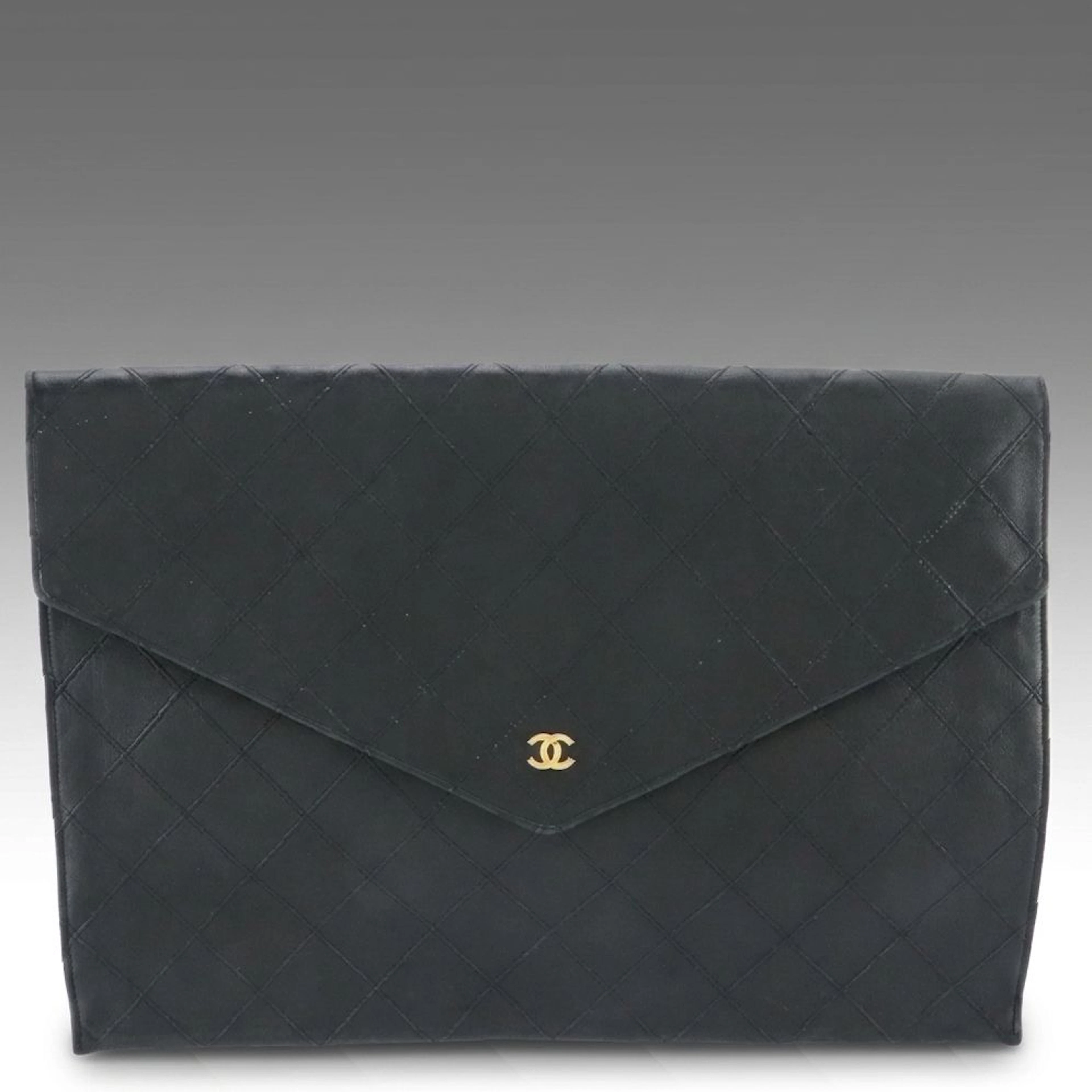 Chanel Envelope Flap Portfolio Clutch in Black Quilted Lambskin Leather