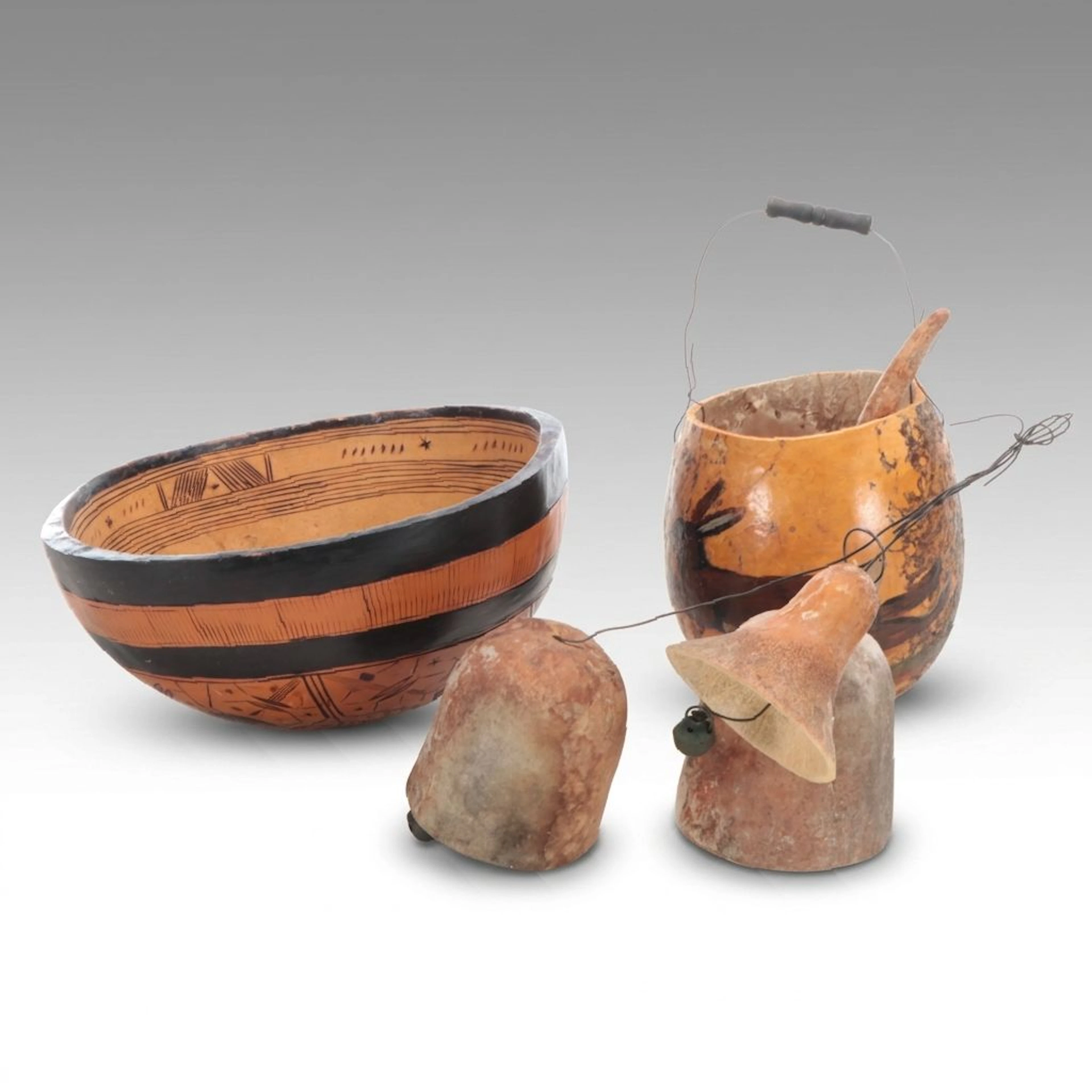 Cochiti Pueblo Style Hand-Painted Bowl with Basket and Bells