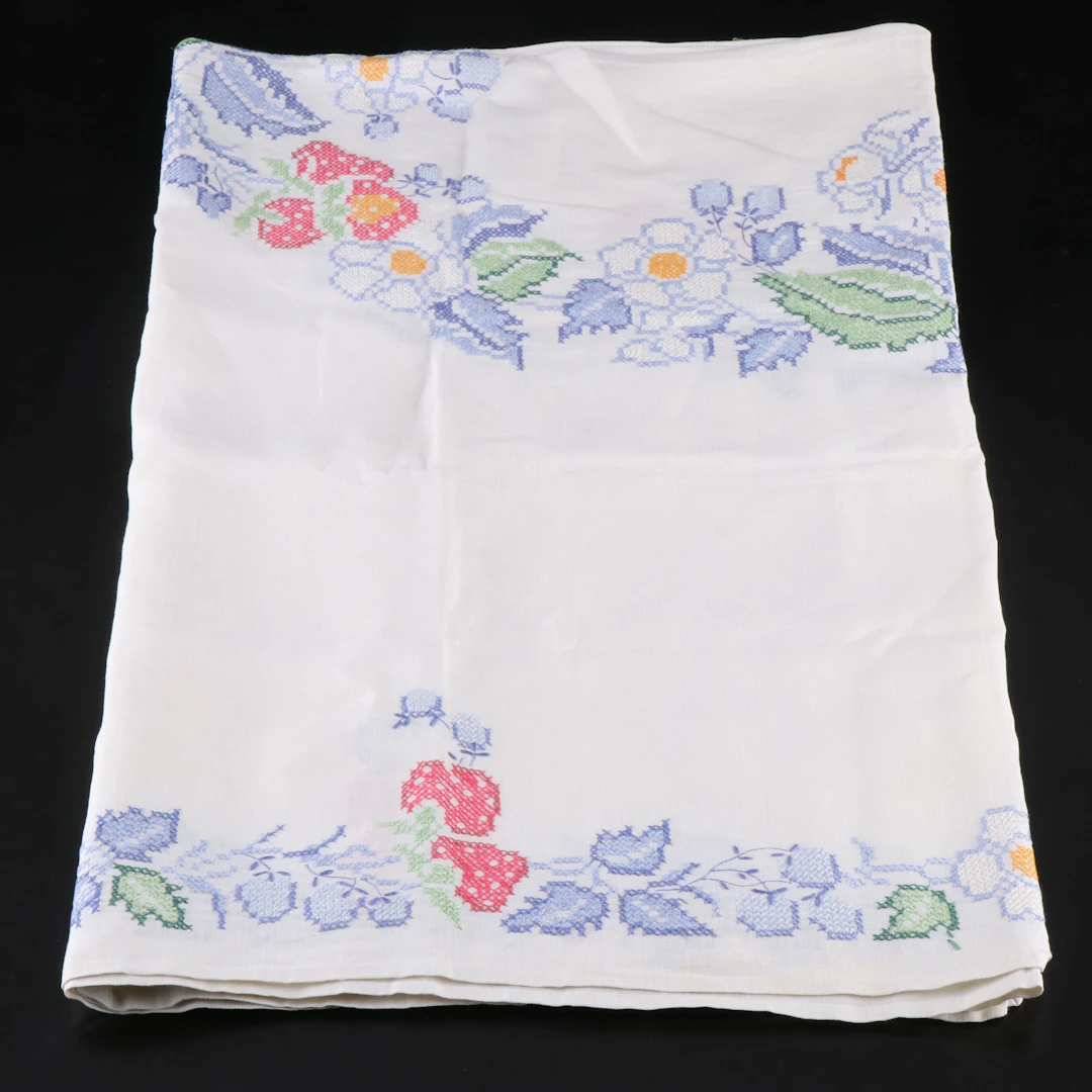 Hand-Embroidered Strawberry Vine Cross-Stitch Tablecloth