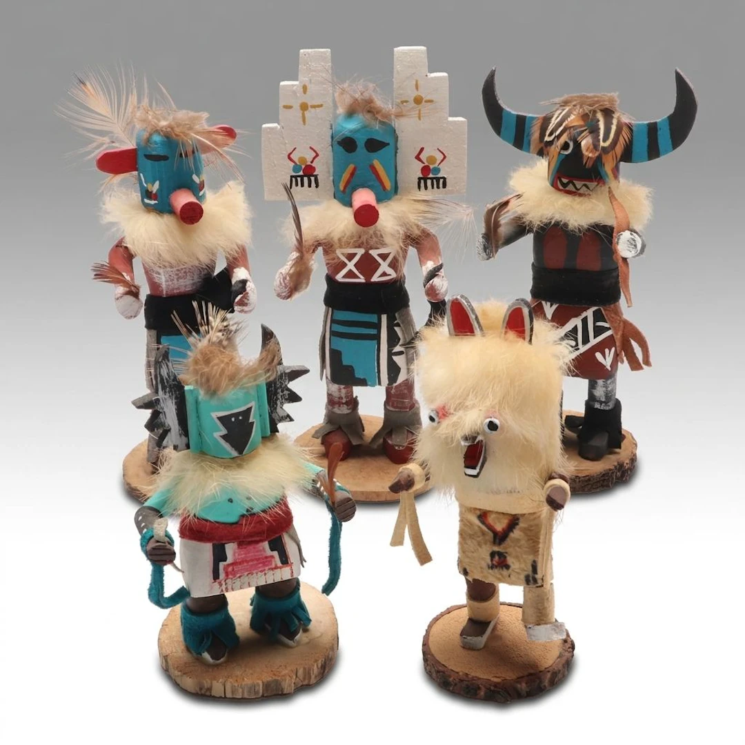 Handcrafted Navajo "Mother Crow" and "Bear" with More Kachinas
