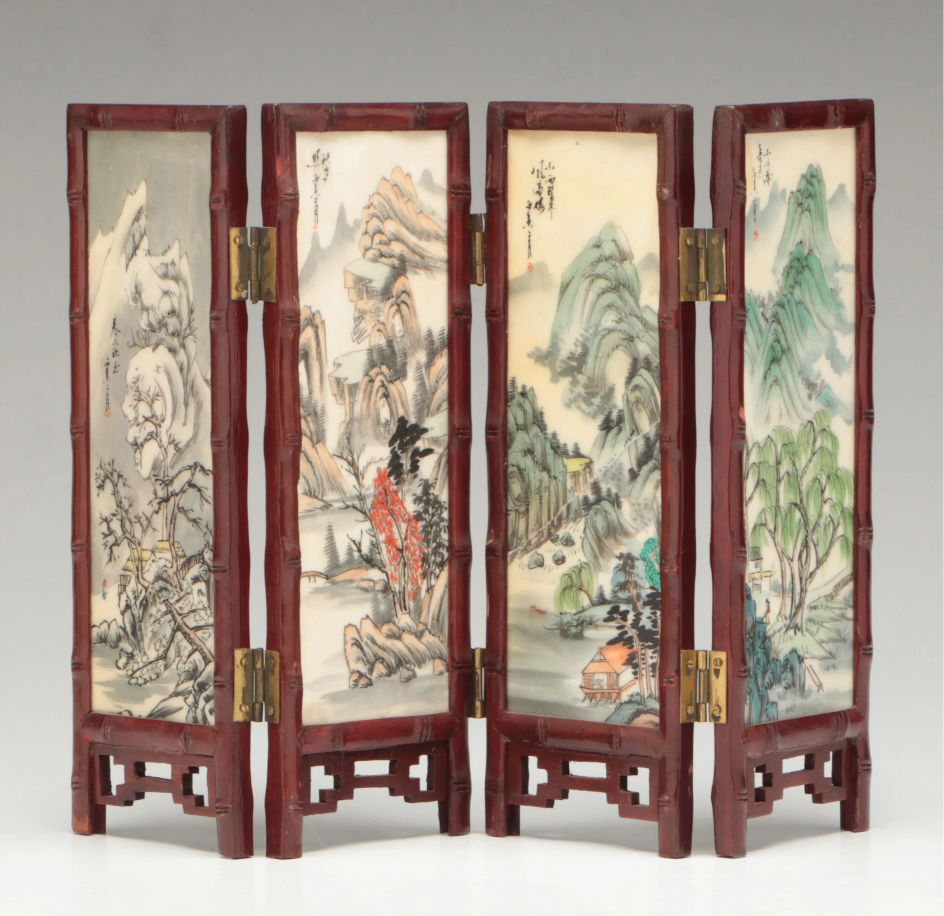 Chinese Double-Sided Hand-Painted Four-Panel Folding Table Screen