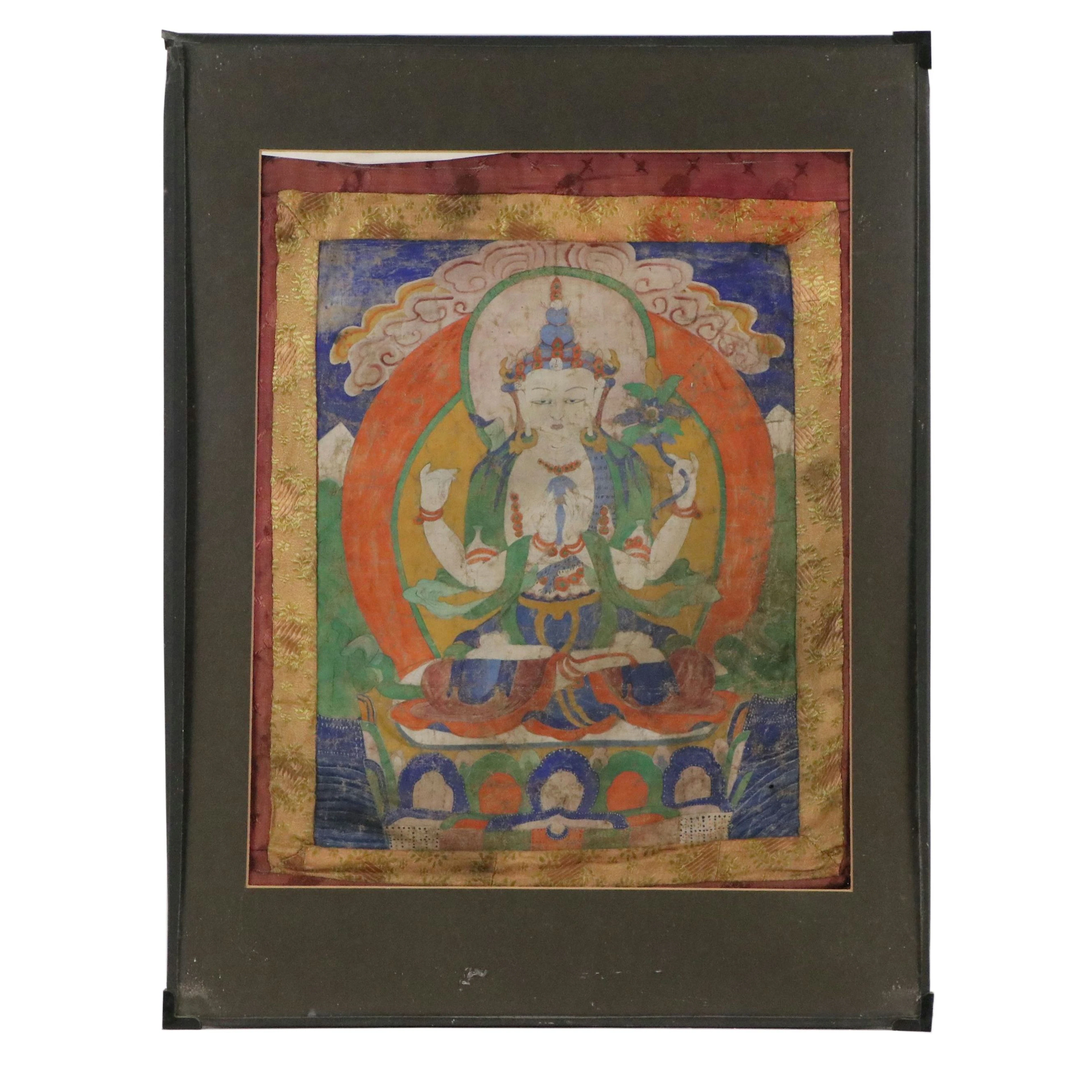 Tibetan Buddhist Gouache Thangka Textile of Avalokiteshvara