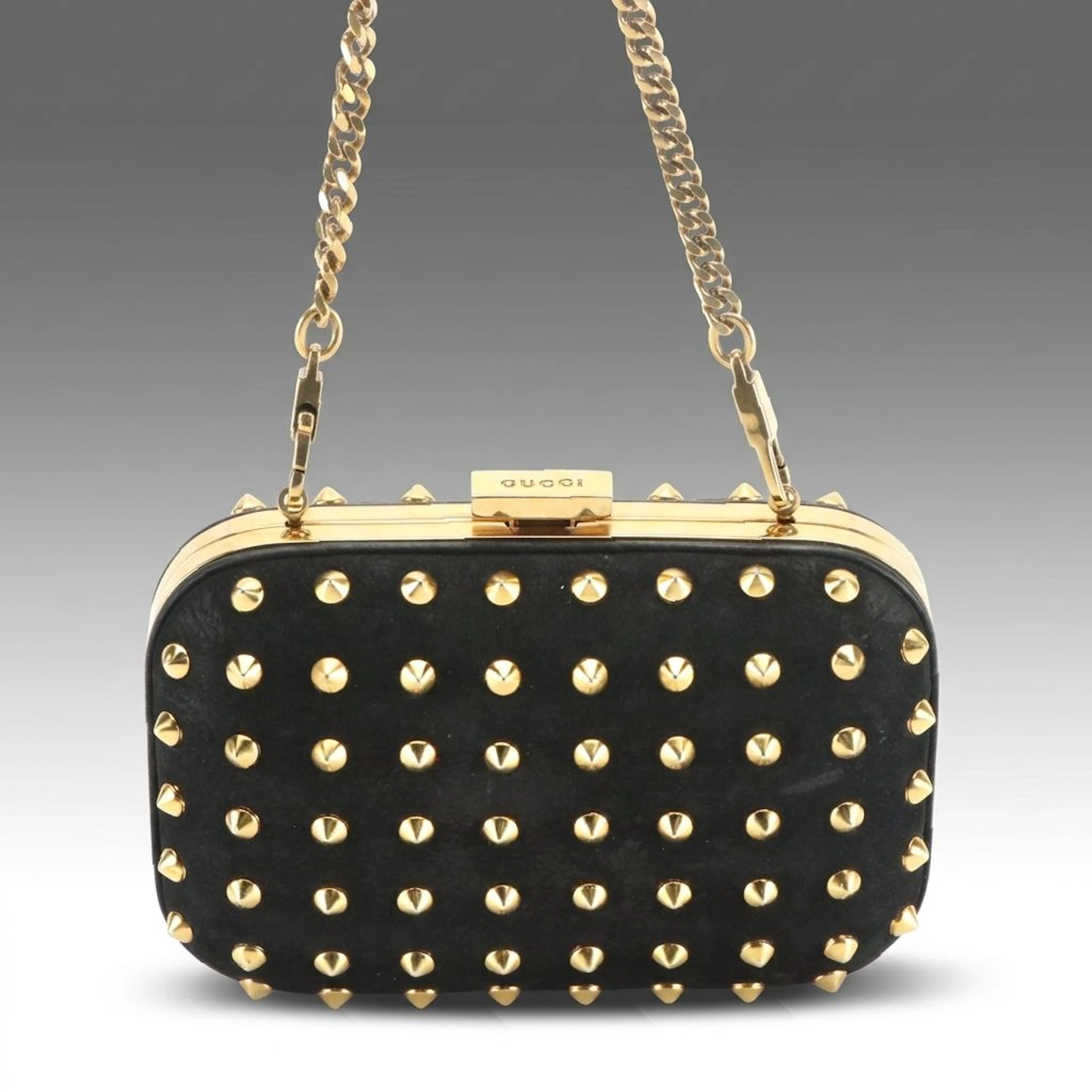 Gucci Studded Broadway Clutch Purse in Black Suede Leather with Chain-Link
