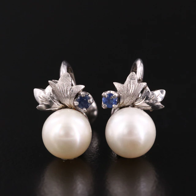 Vintage 14K Pearl and Sapphire Earrings