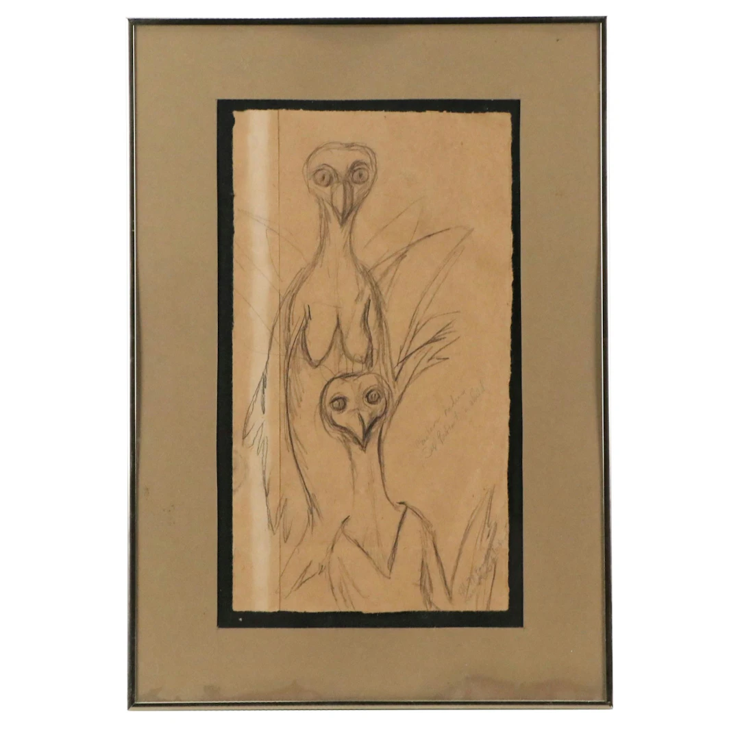 Satirical Graphite Drawing of Chickens "Family Portrait," 1979