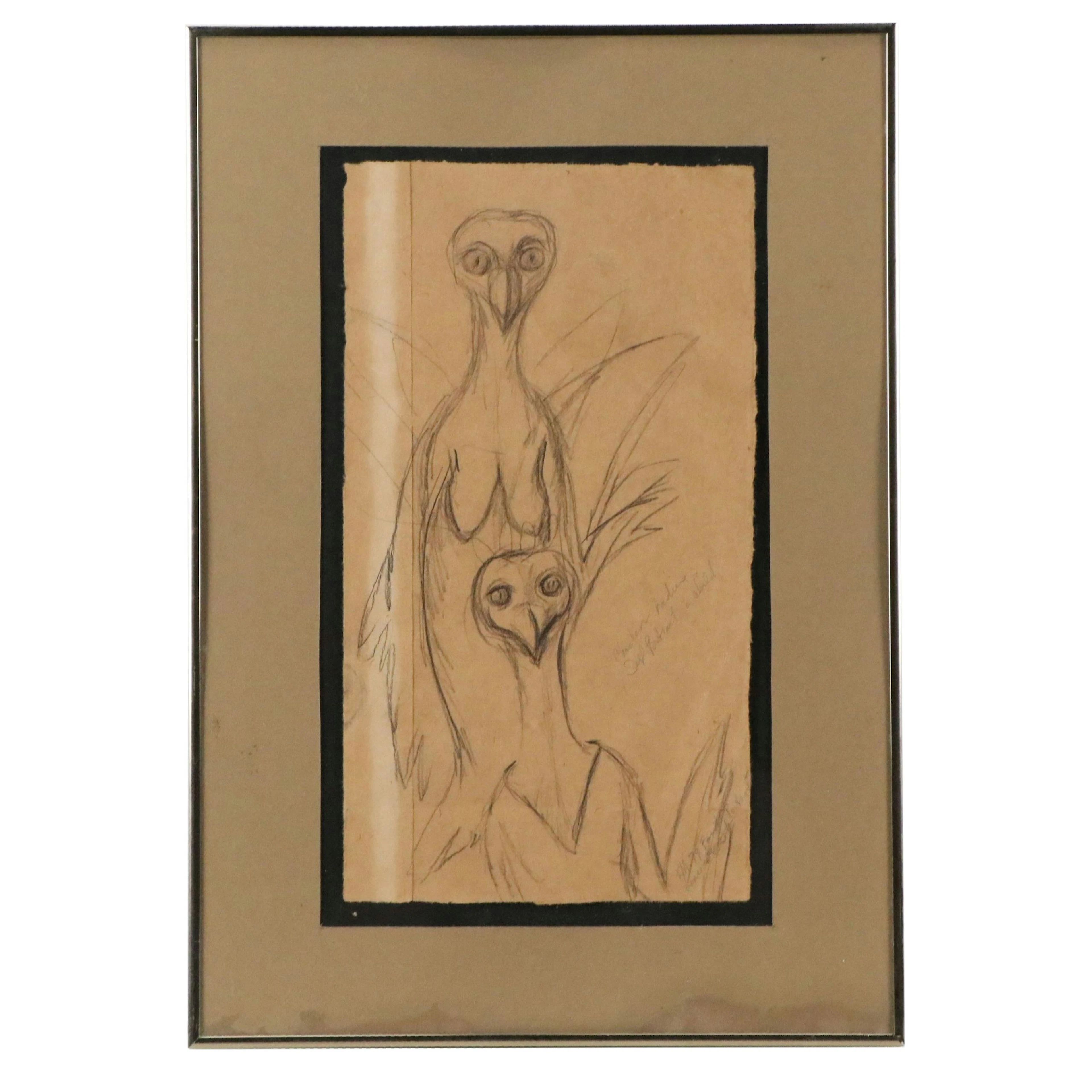 Satirical Graphite Drawing of Chickens "Family Portrait," 1979