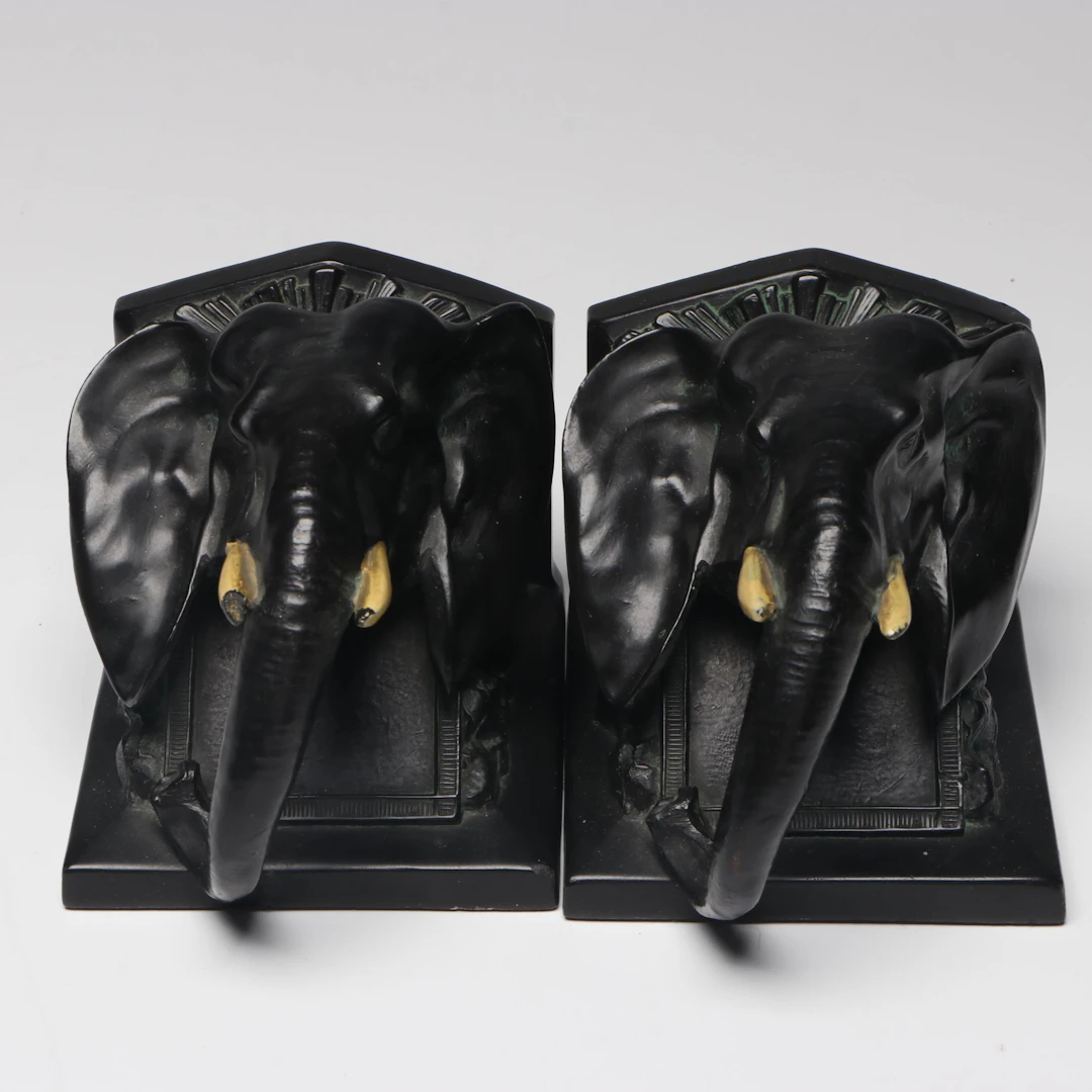 L. V. Aronson Patinated Metal Elephant Head Bookends, Early to Mid-20th C.