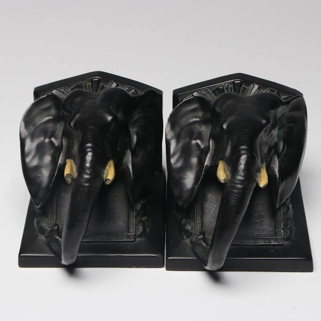 L. V. Aronson Patinated Metal Elephant Head Bookends, Early to Mid-20th C.