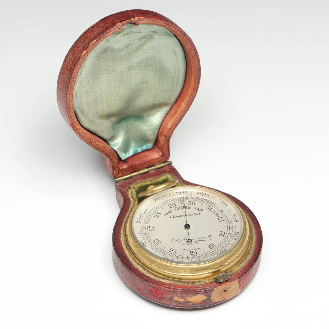 E. B. Meyrowitz Gilt Metal Pocket Barometer with Leather Case, Antique
