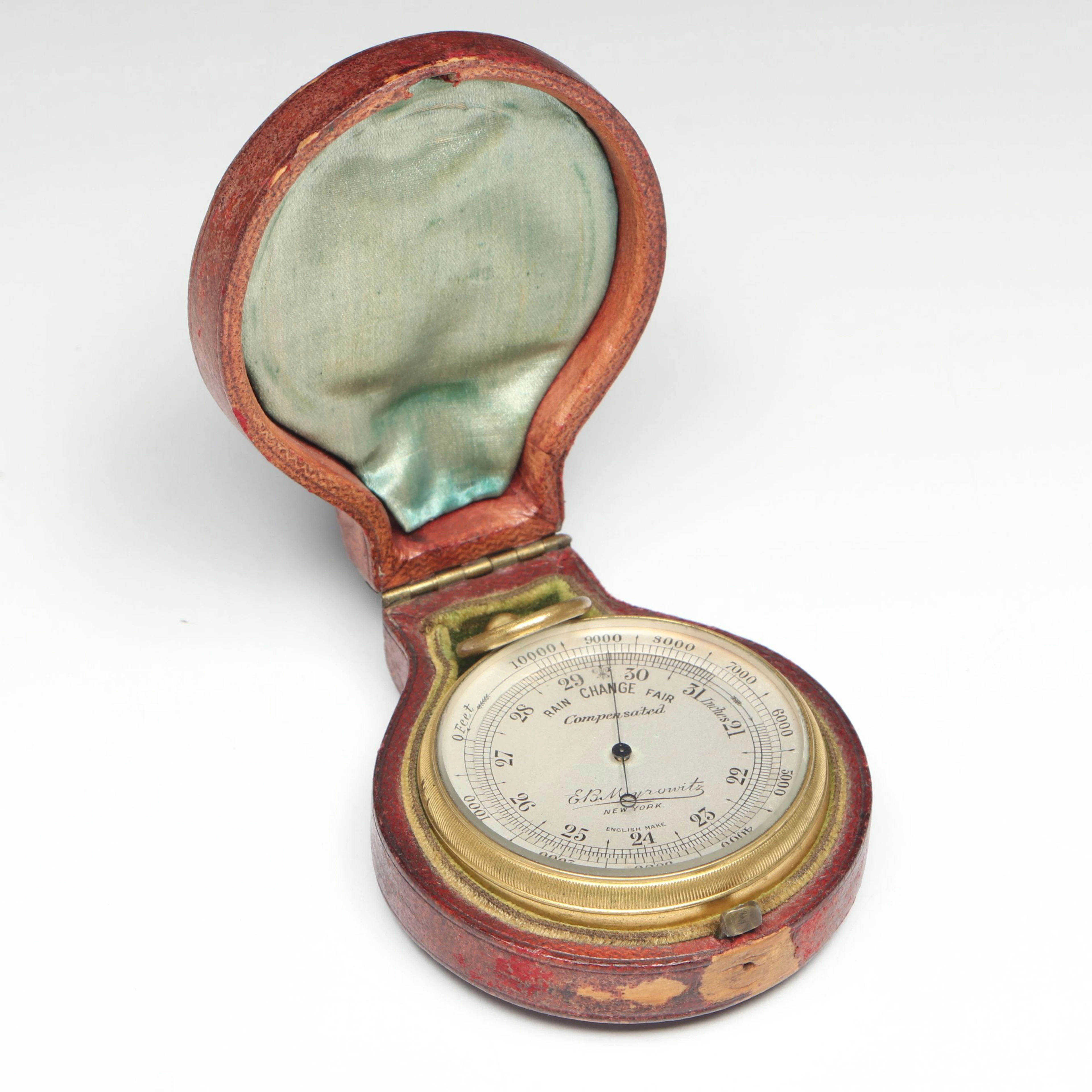 E. B. Meyrowitz Gilt Metal Pocket Barometer with Leather Case, Antique
