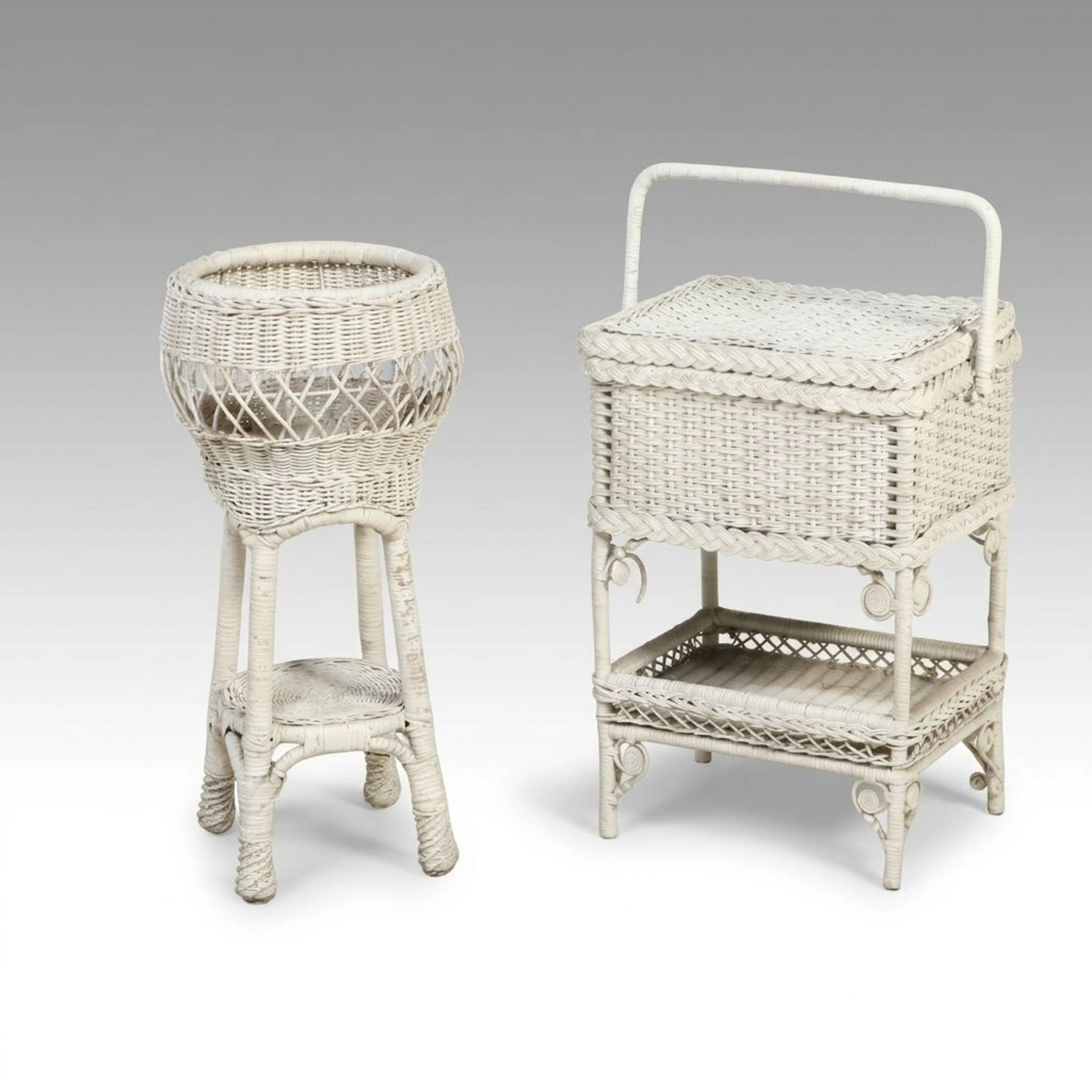 White-Painted Wicker Rattan Plant Stand and Chest on Stand