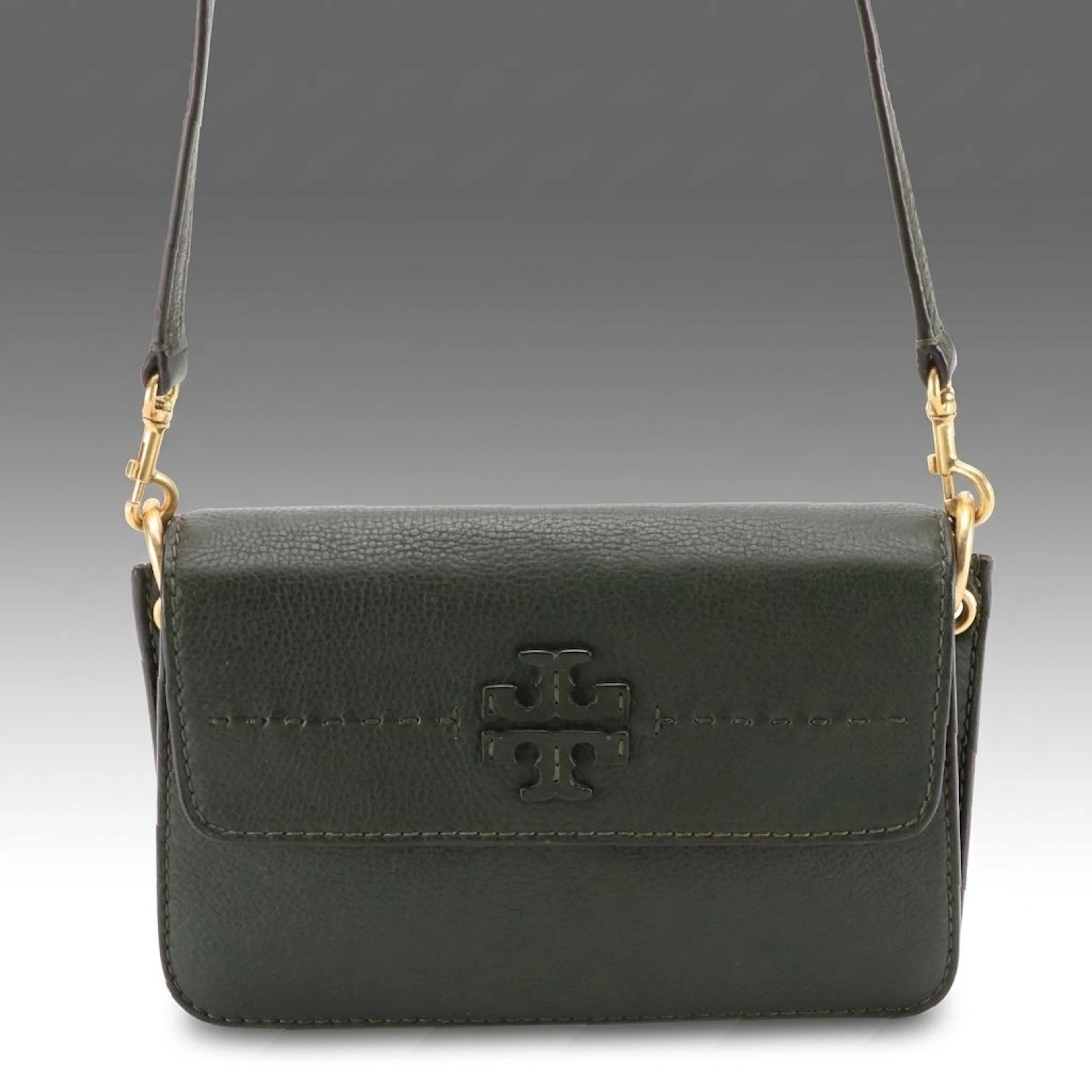 Tory Burch Calfskin Pebble Grain Leather Logo Flap Crossbody Bag