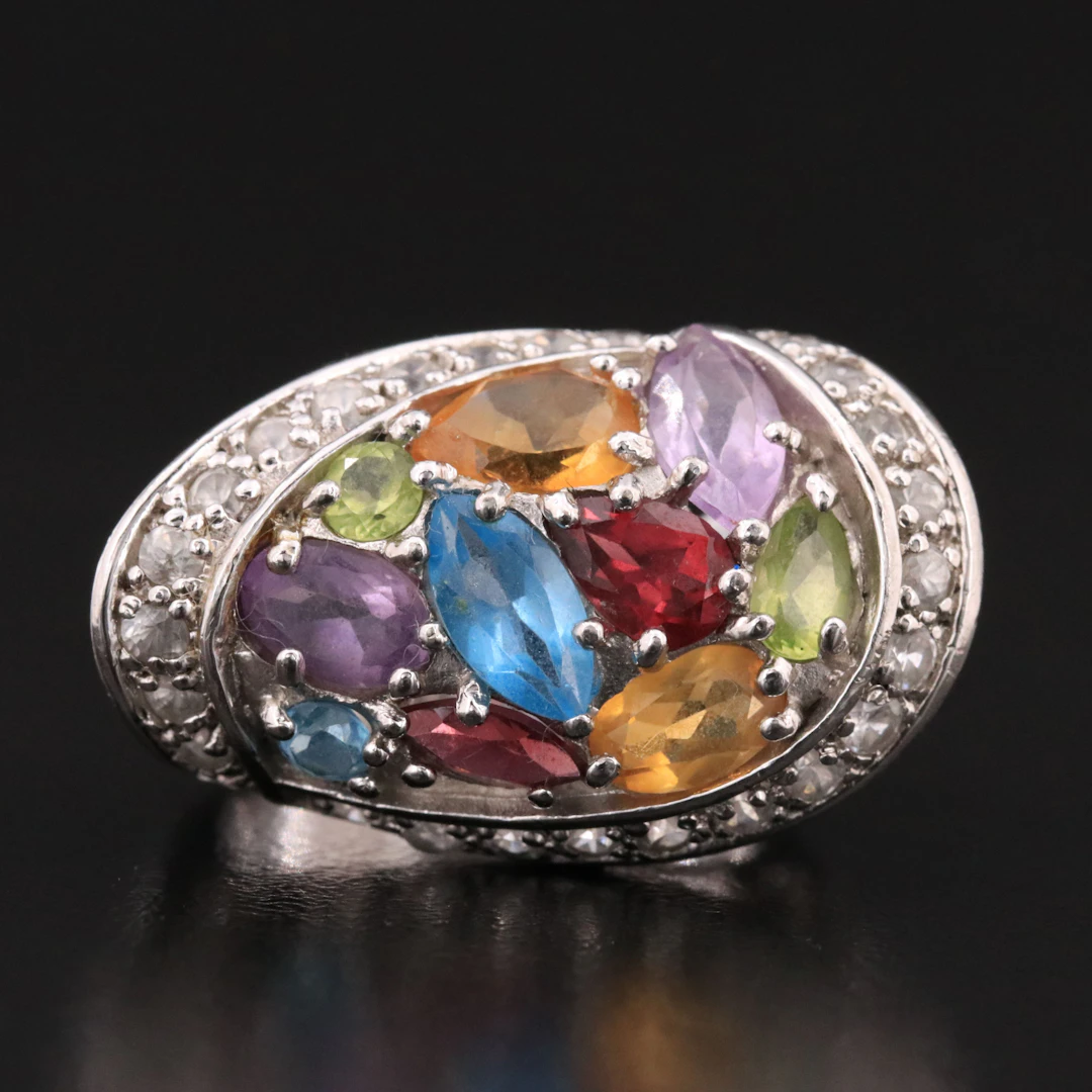 Sterling Ring Featuring Garnet, Citrine and Blue Topaz