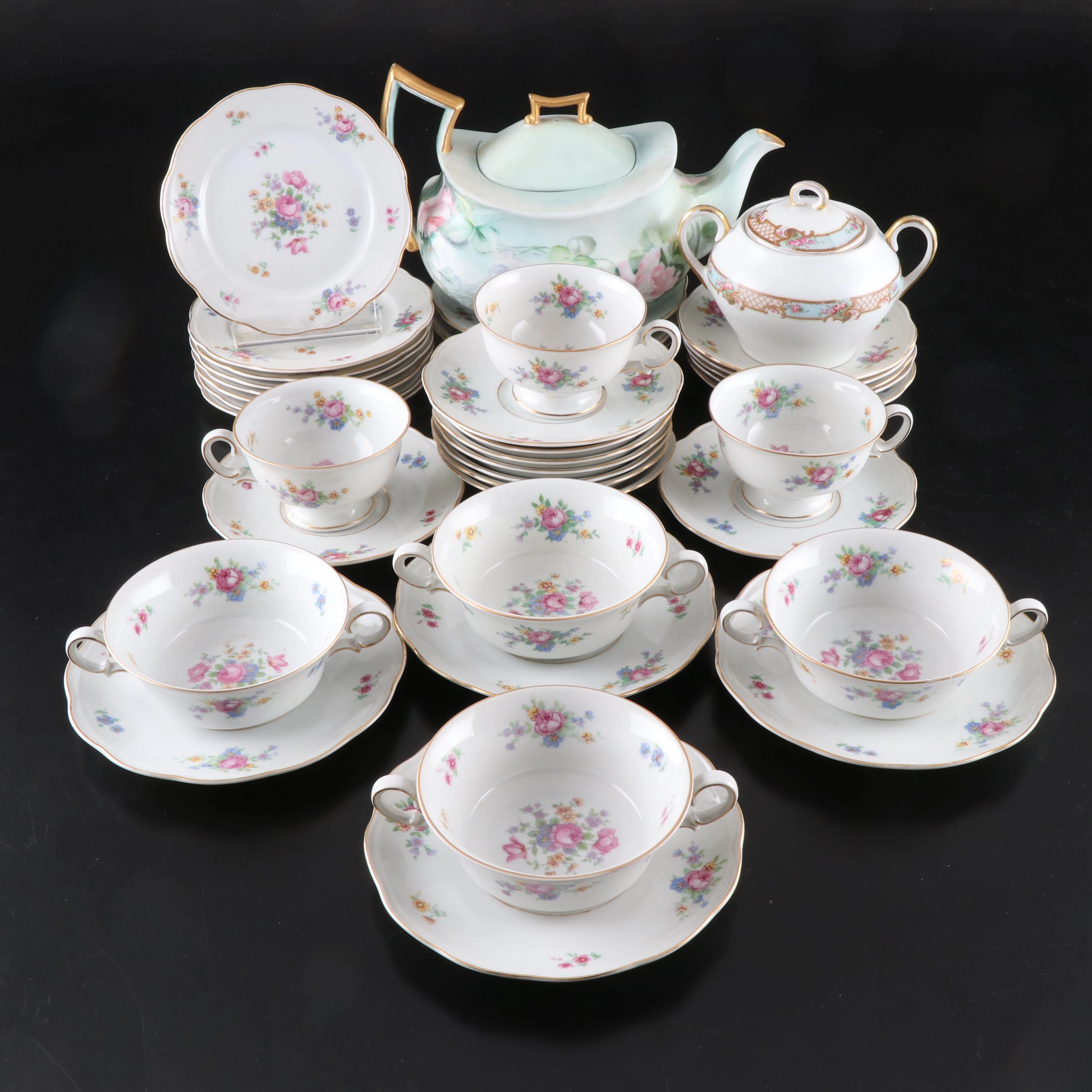 KPM Floral Porcelain Teaware with French Floral Teapot and German Sugar