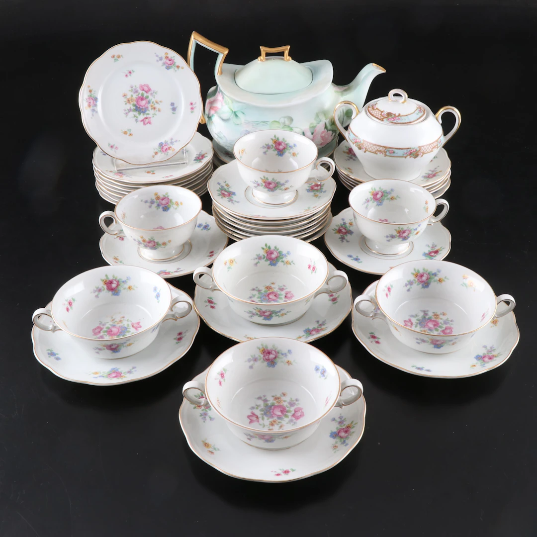 KPM Floral Porcelain Teaware with French Floral Teapot and German Sugar