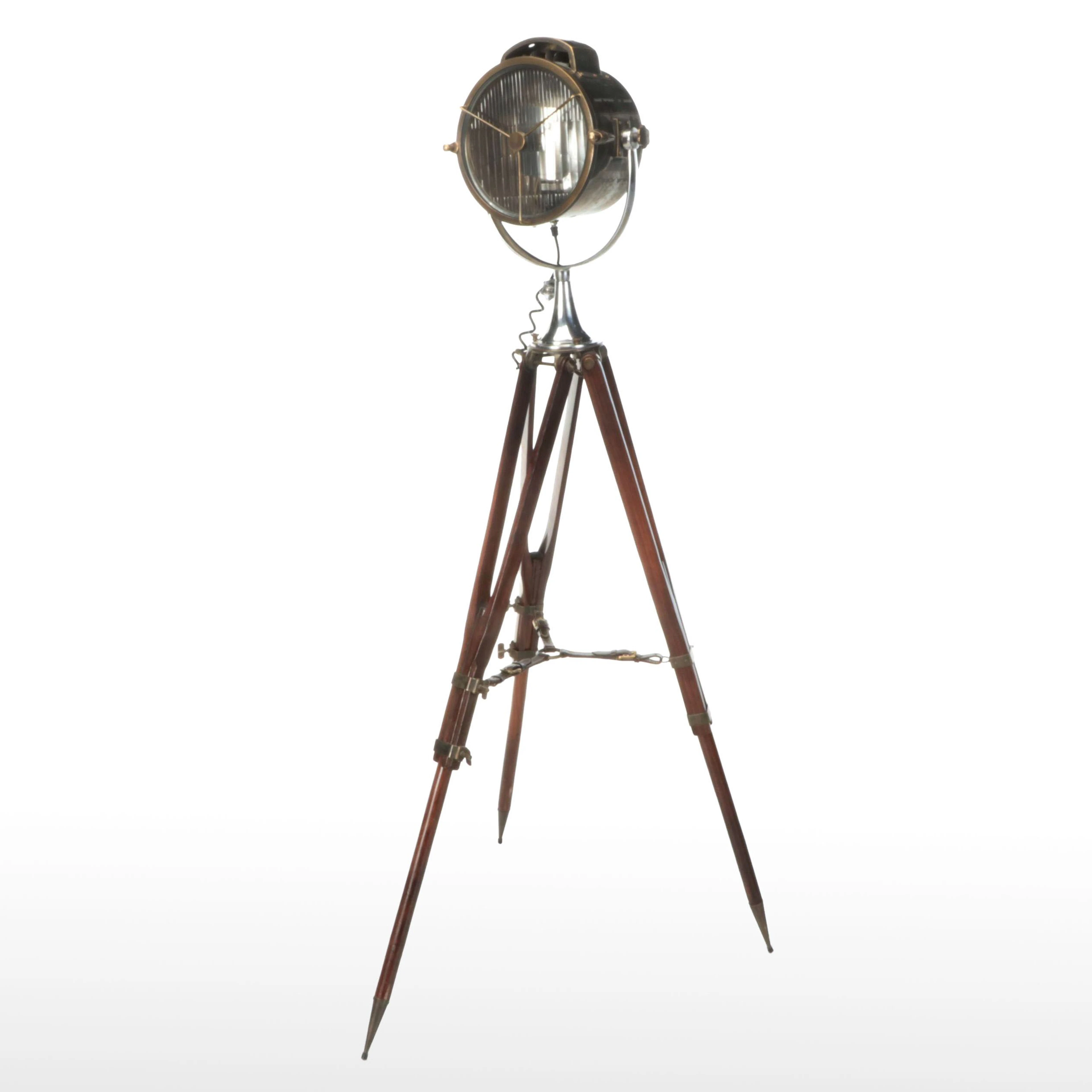 Steampunk Inspired Industrial Spot Lamp and Wooden Tripod Floor Lamp