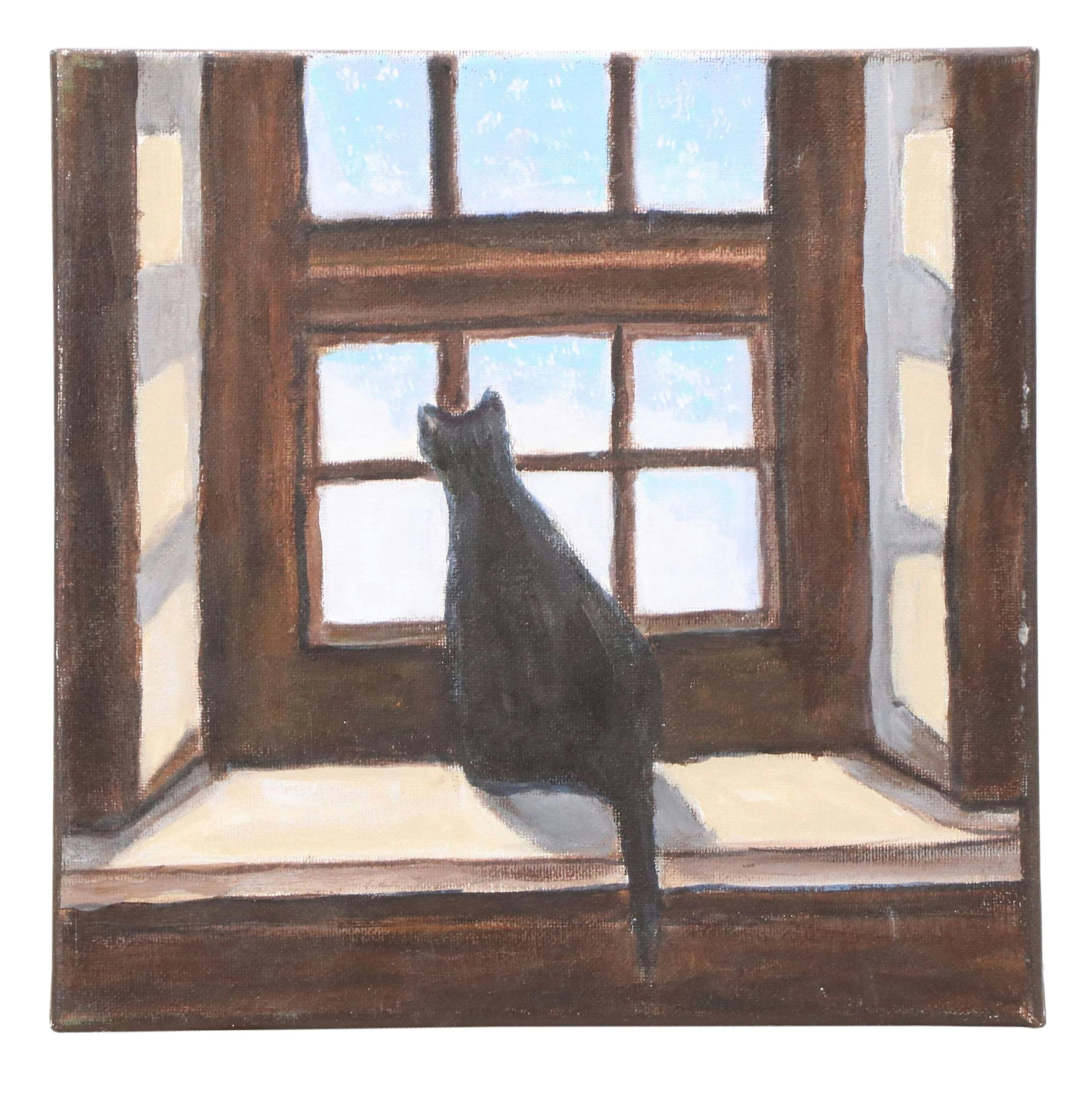 Acrylic Painting of Cat Watching Snow Falling, 21st Century