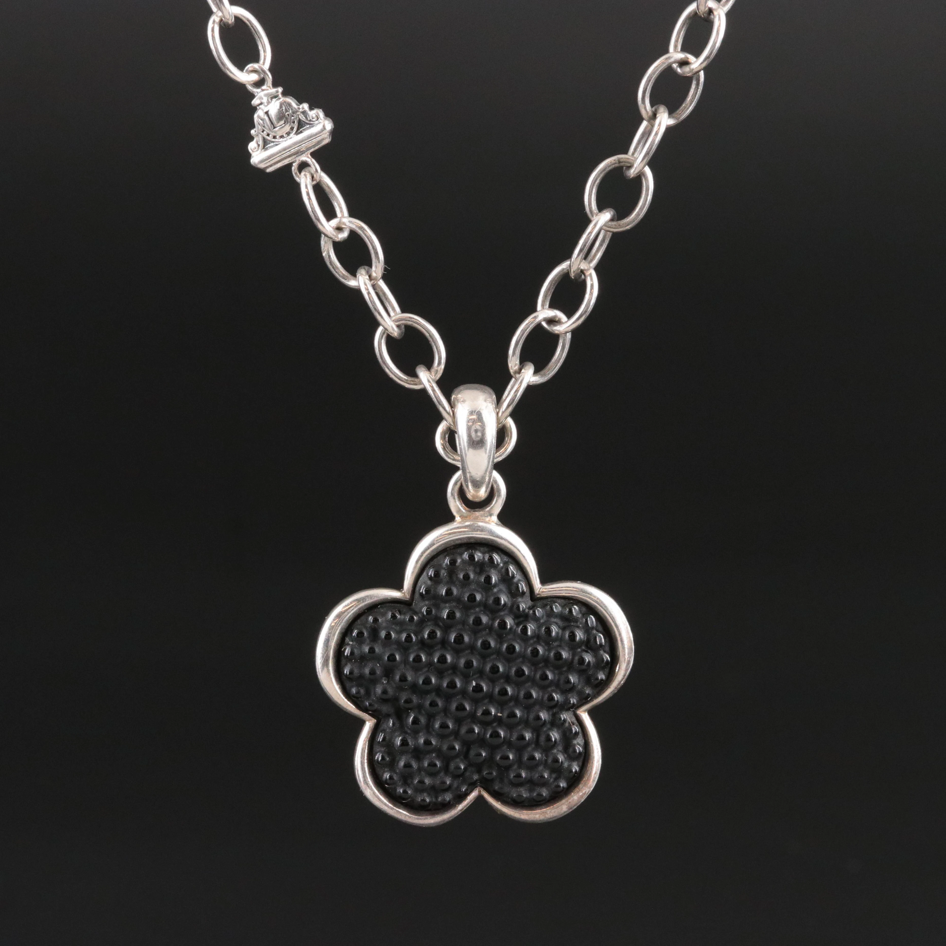 Lagos Caviar Love Me Not Sterling Black Onyx Flower Pendant Necklace