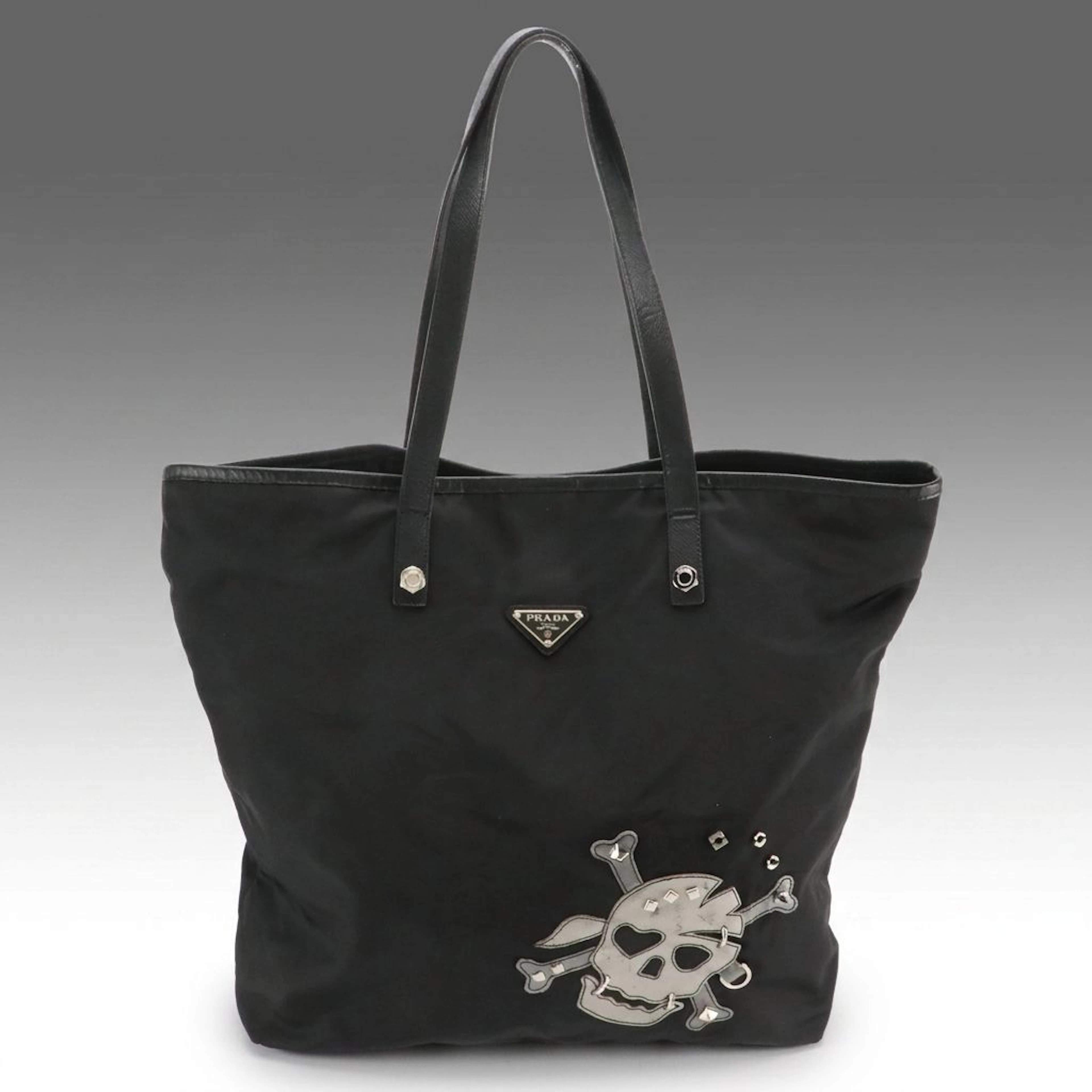Prada Skull & Crossbones Black Tessuto Nylon and Saffiano Leather Tote Bag