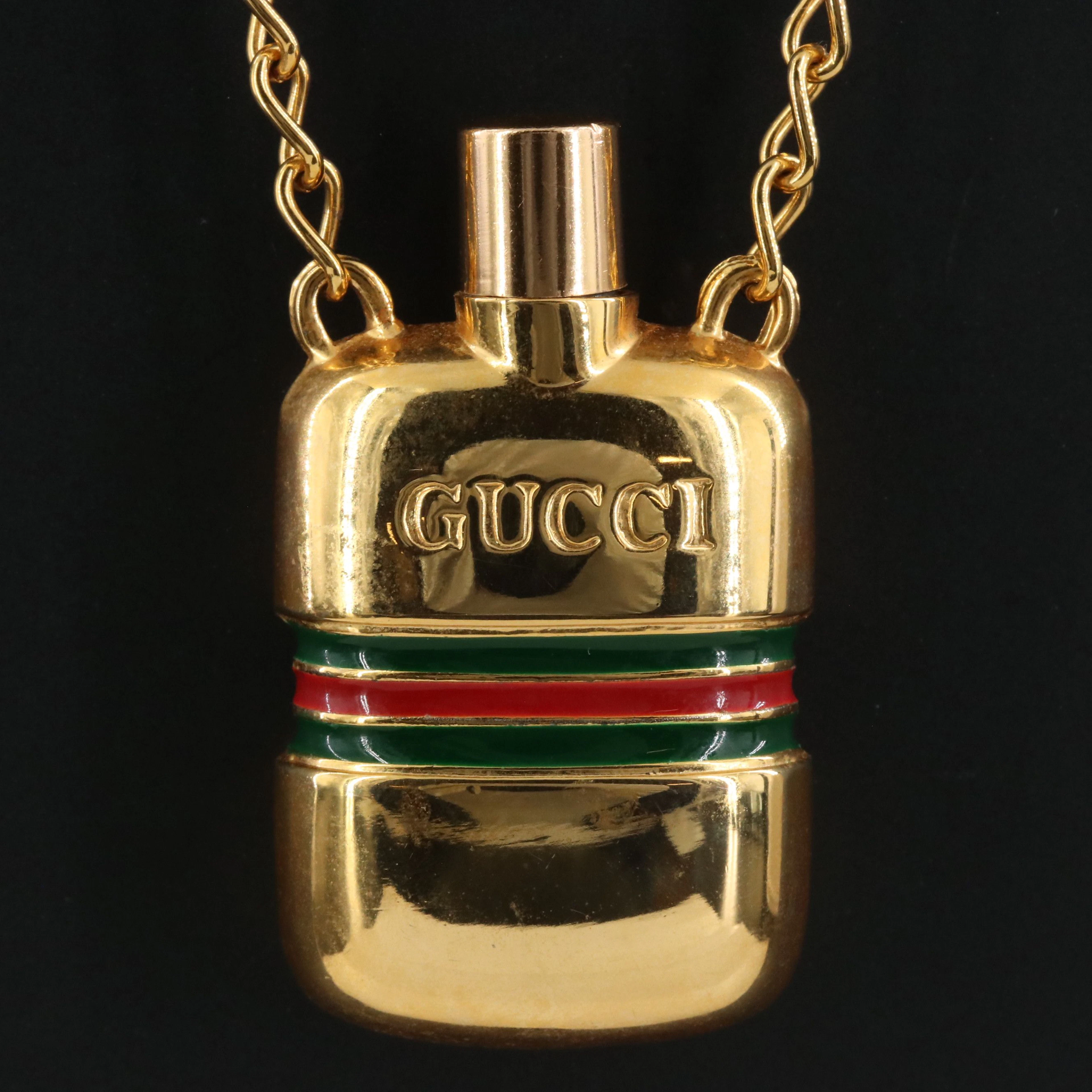 Gucci Red and Green Enamel Perfume Bottle Necklace