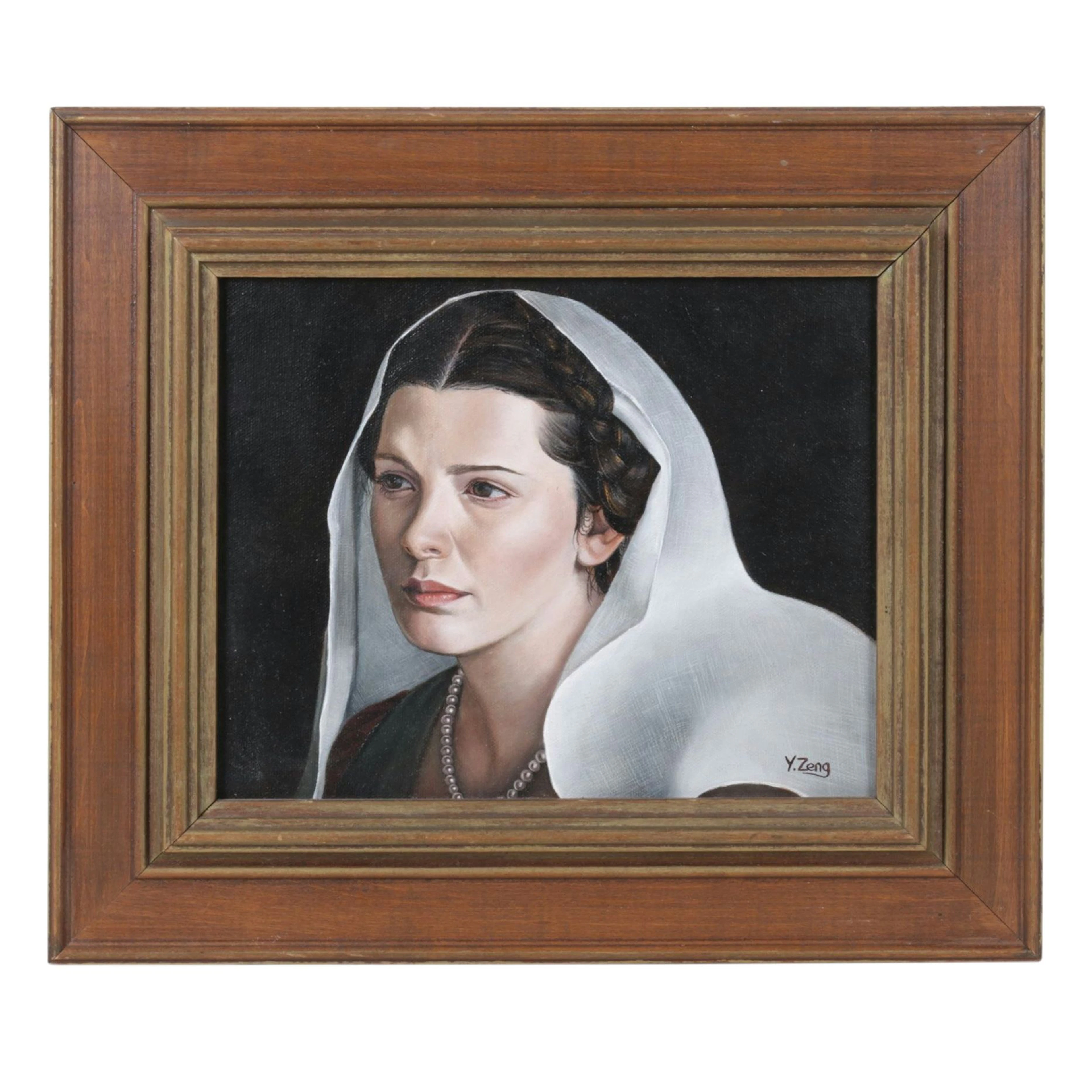 Y. Zeng Realist Portrait Oil Painting of Woman with Head Scarf