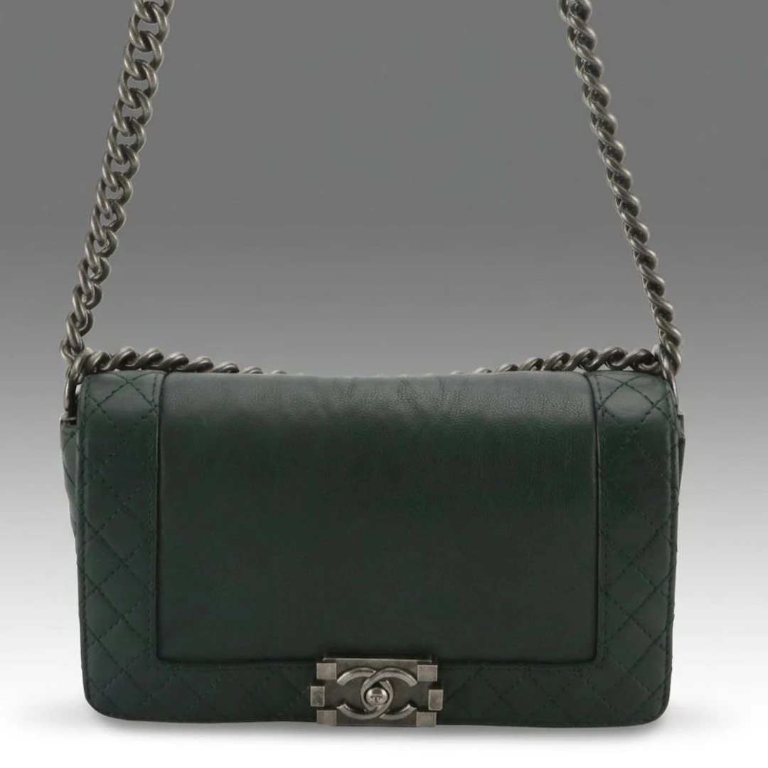 Chanel Reverso Boy Flap Bag in Dark Green Quilted and Grained Calfskin Leather