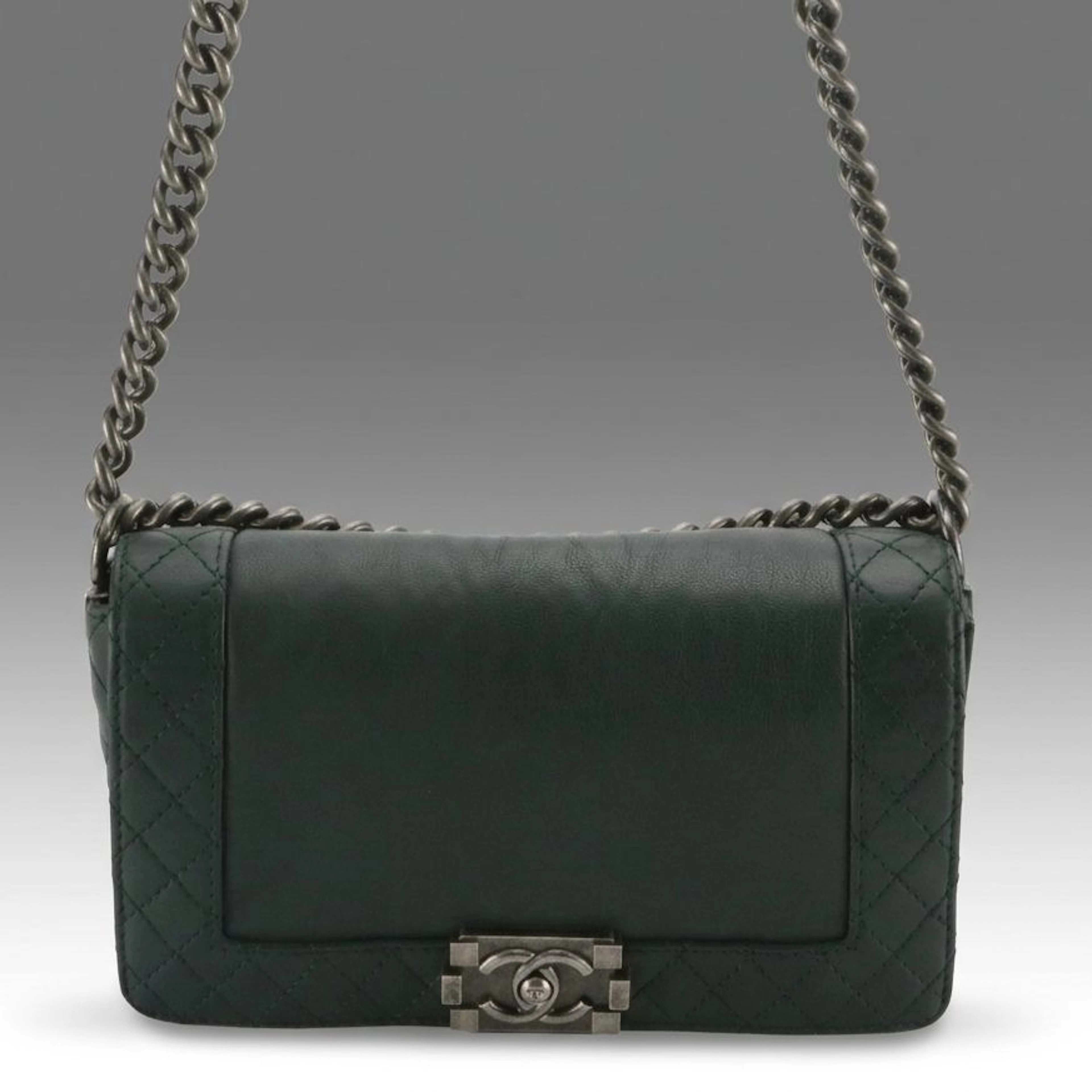 Chanel Reverso Boy Flap Bag in Dark Green Quilted and Grained Calfskin Leather