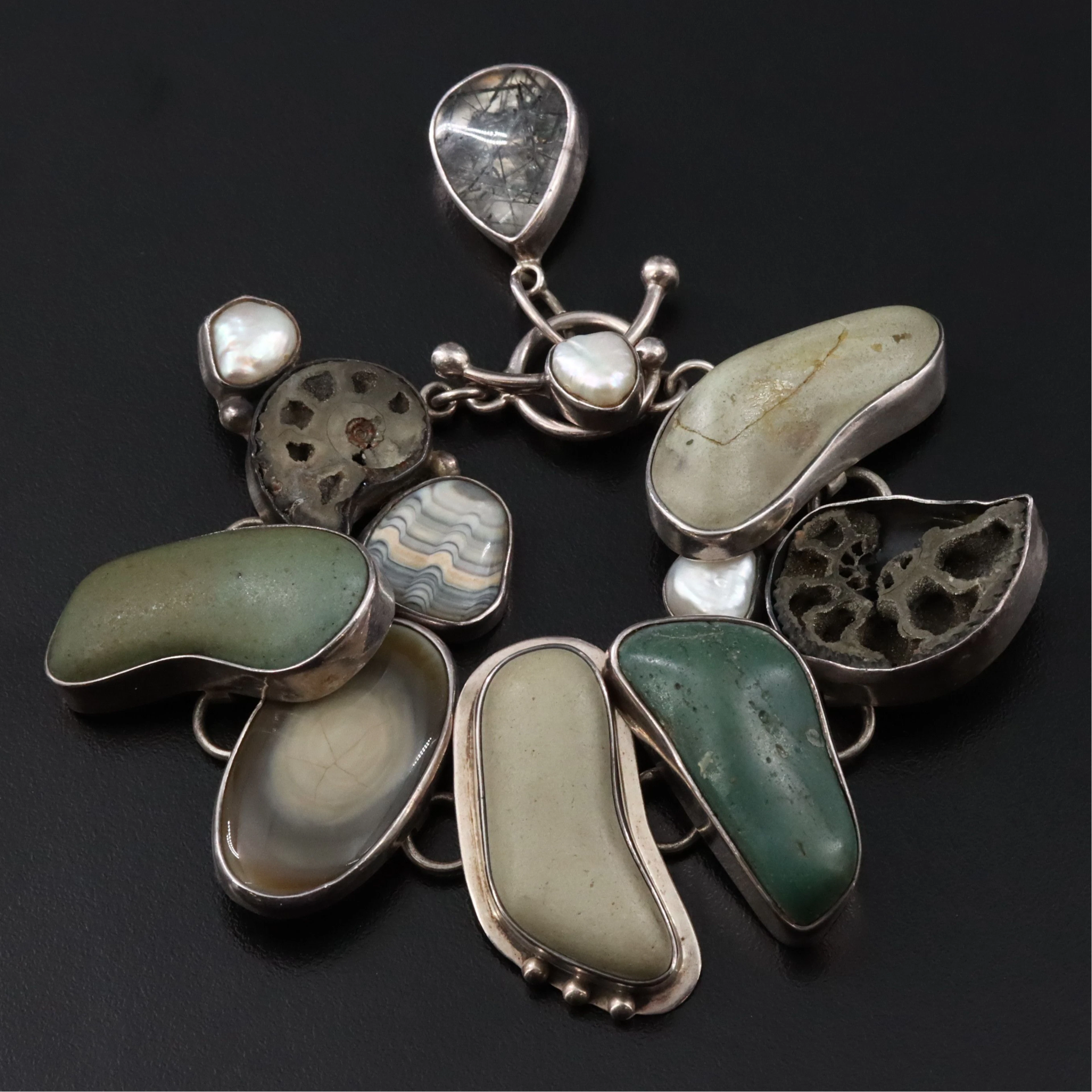 Sterling Bracelet with Pyritized Ammonite, Stone, and Pearls