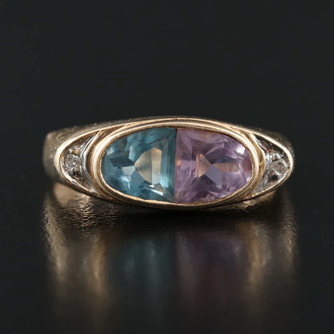 14K Amethyst, Blue Topaz, and Diamond East-West Ring