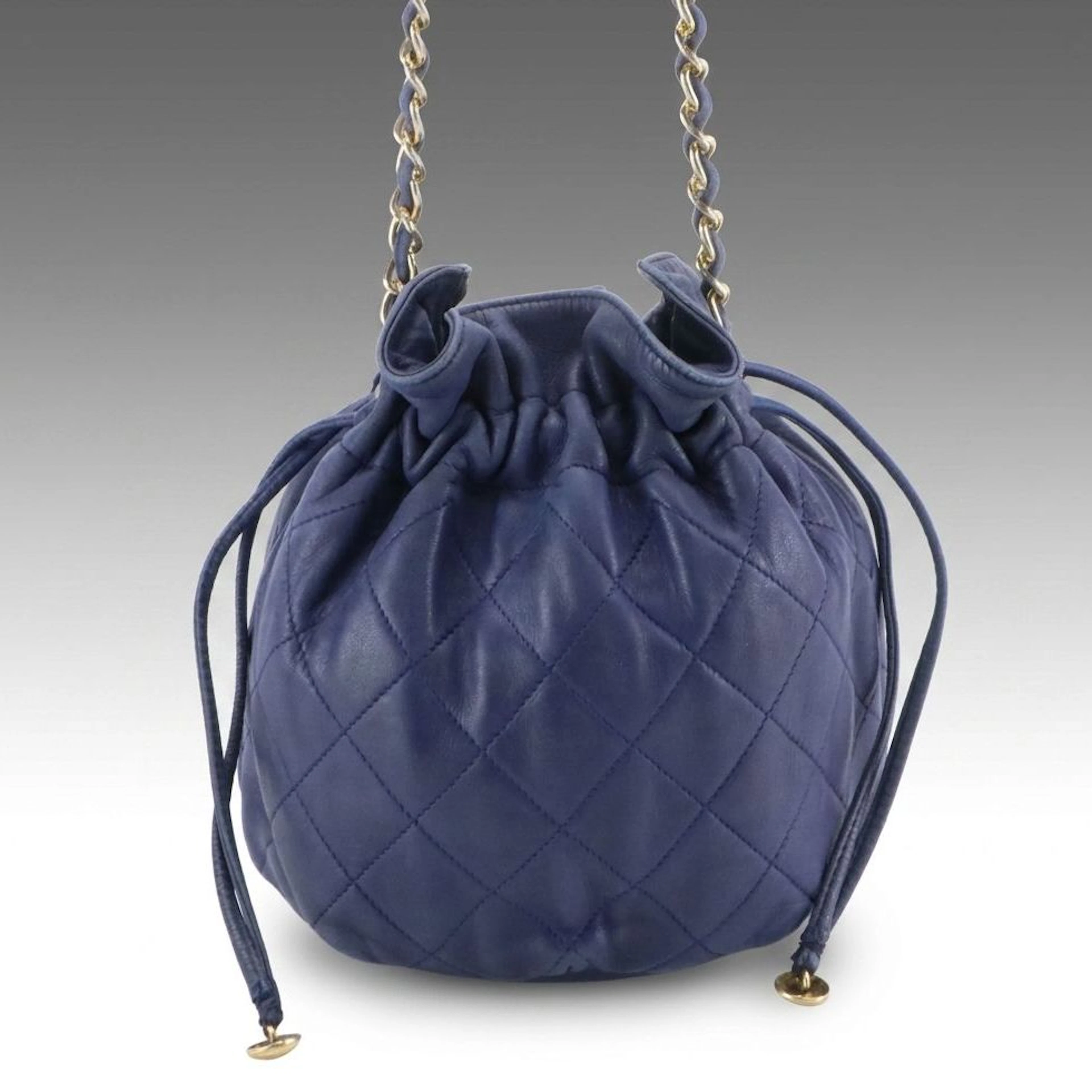 Chanel Mini Drawstring Crossbody Bag in Deep Blue Quilted Lambskin Leather