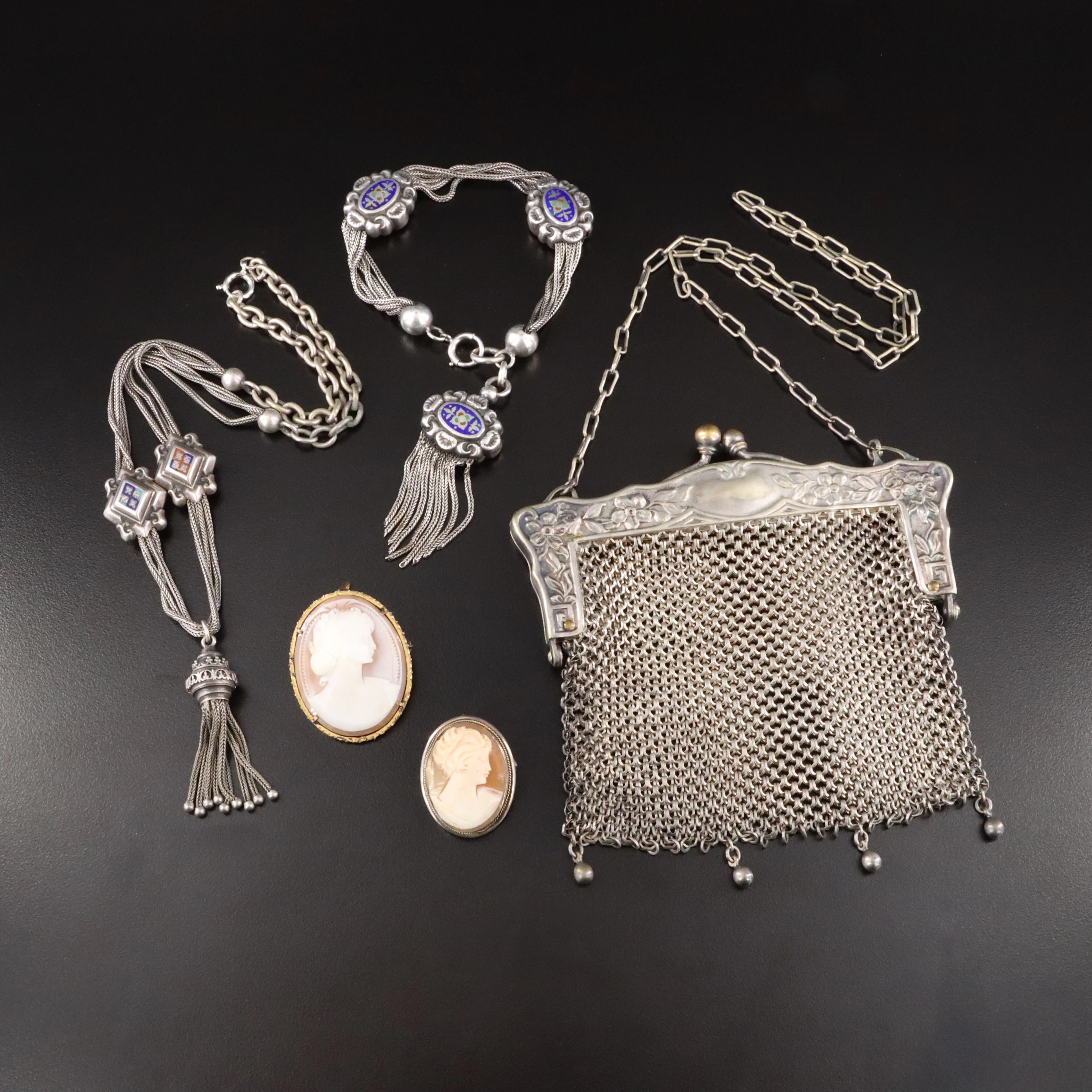 Cameo Brooches, Antique Enamel Watch Chain & Necklace & German Mesh Purse