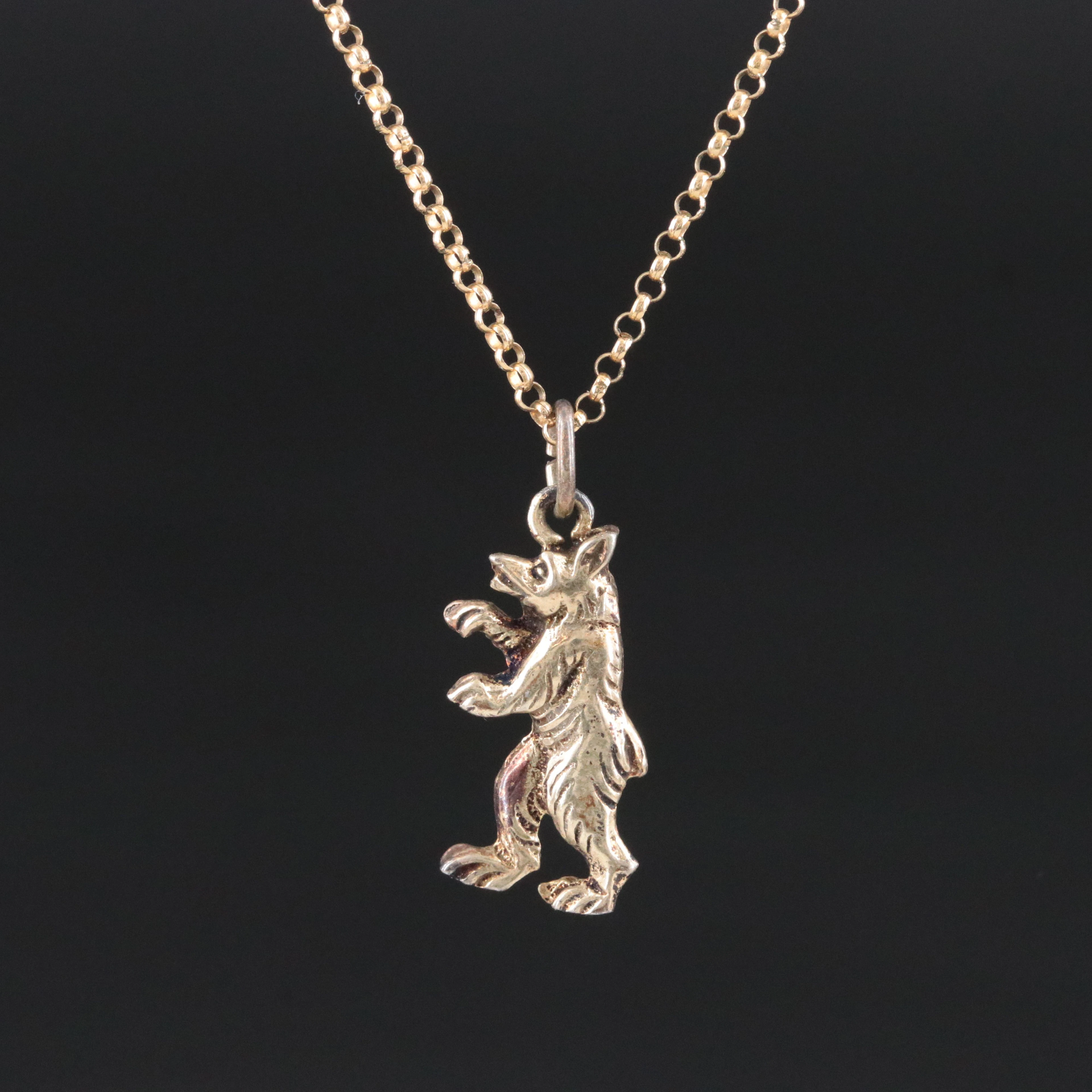 900 Silver Heraldic Bear Charm on Gold-Filled Rolo Chain Necklace