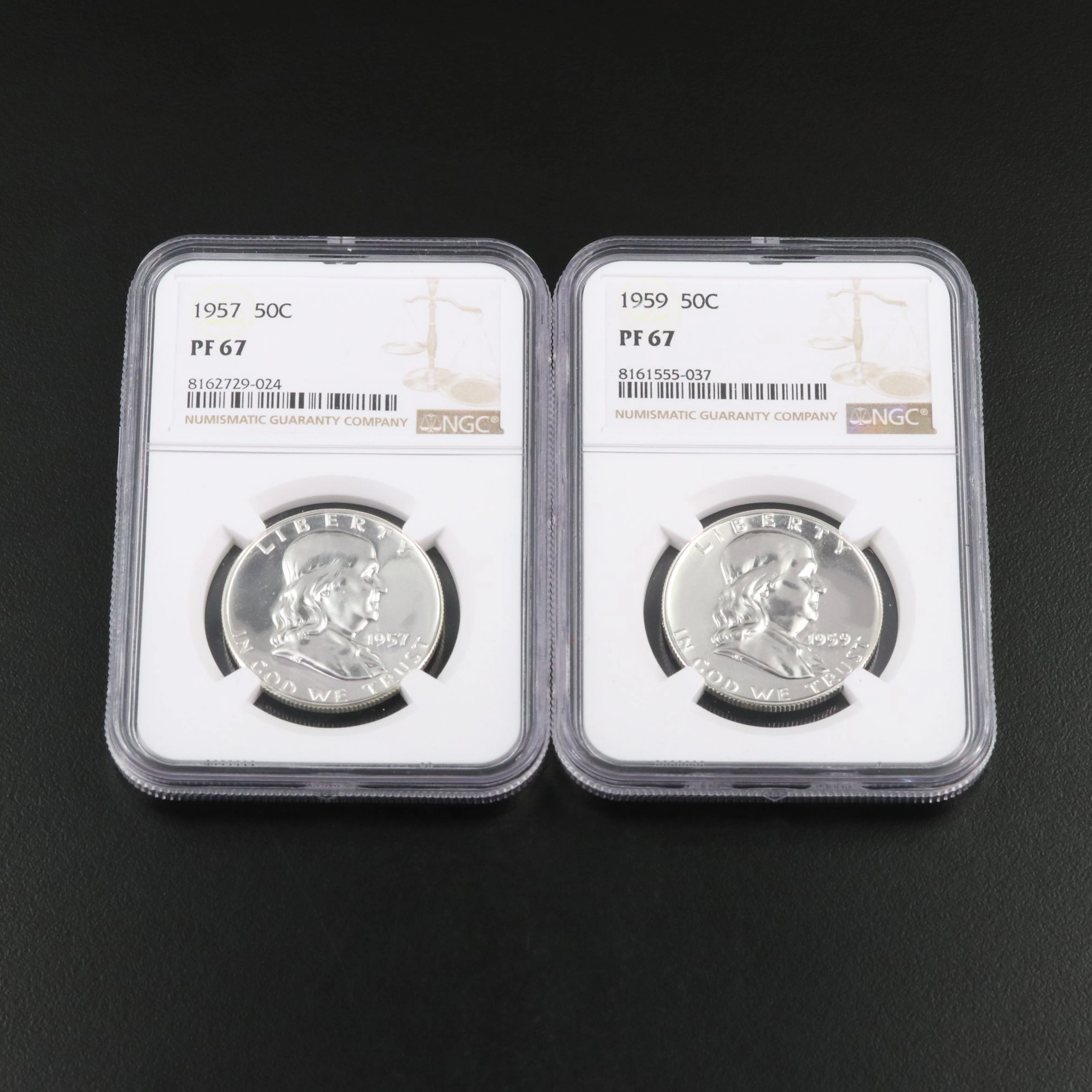 Two NGC PF 67 1957 and 1959 Franklin half Dollars