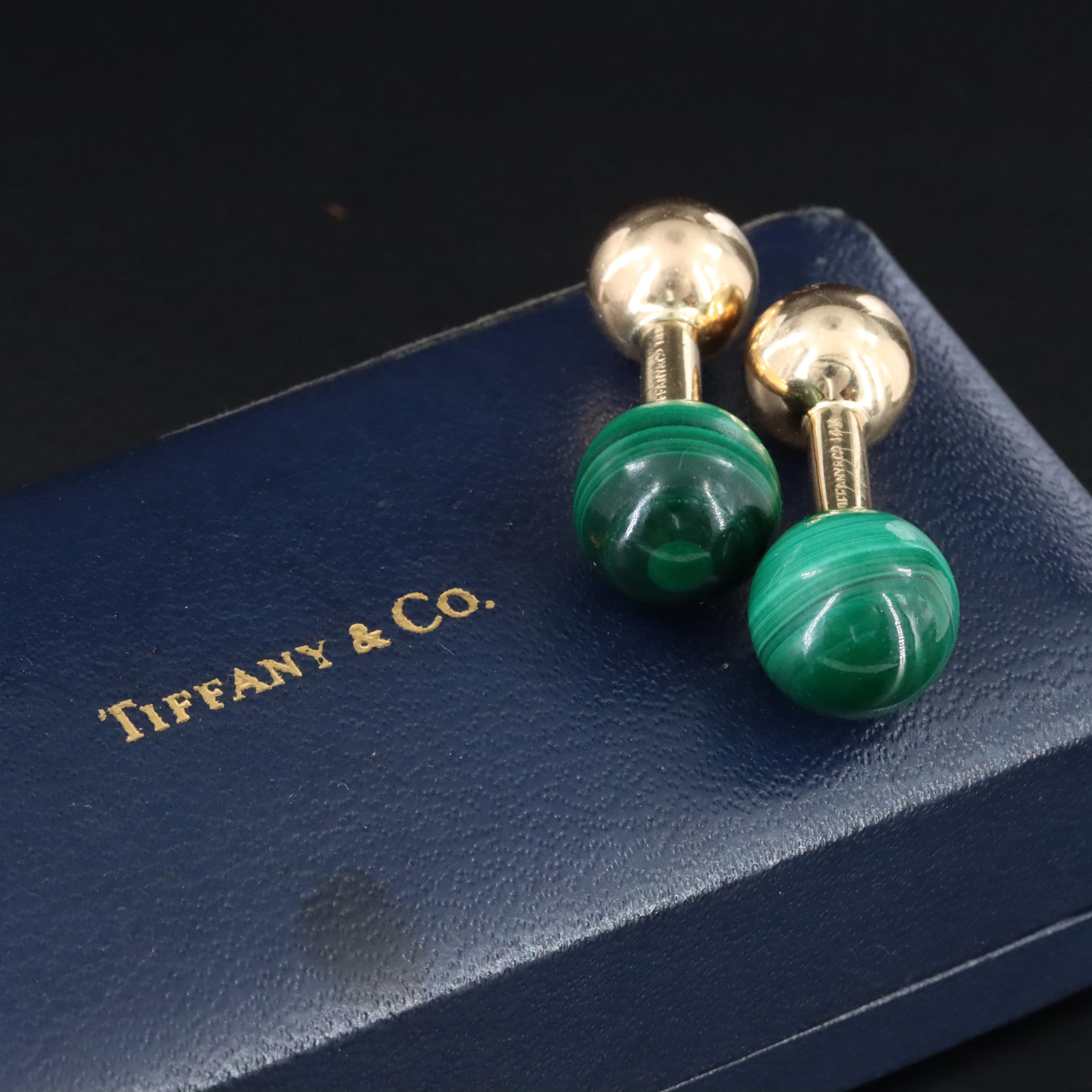 Tiffany & Co. 14K Malachite Barbell Cufflinks 1970s
