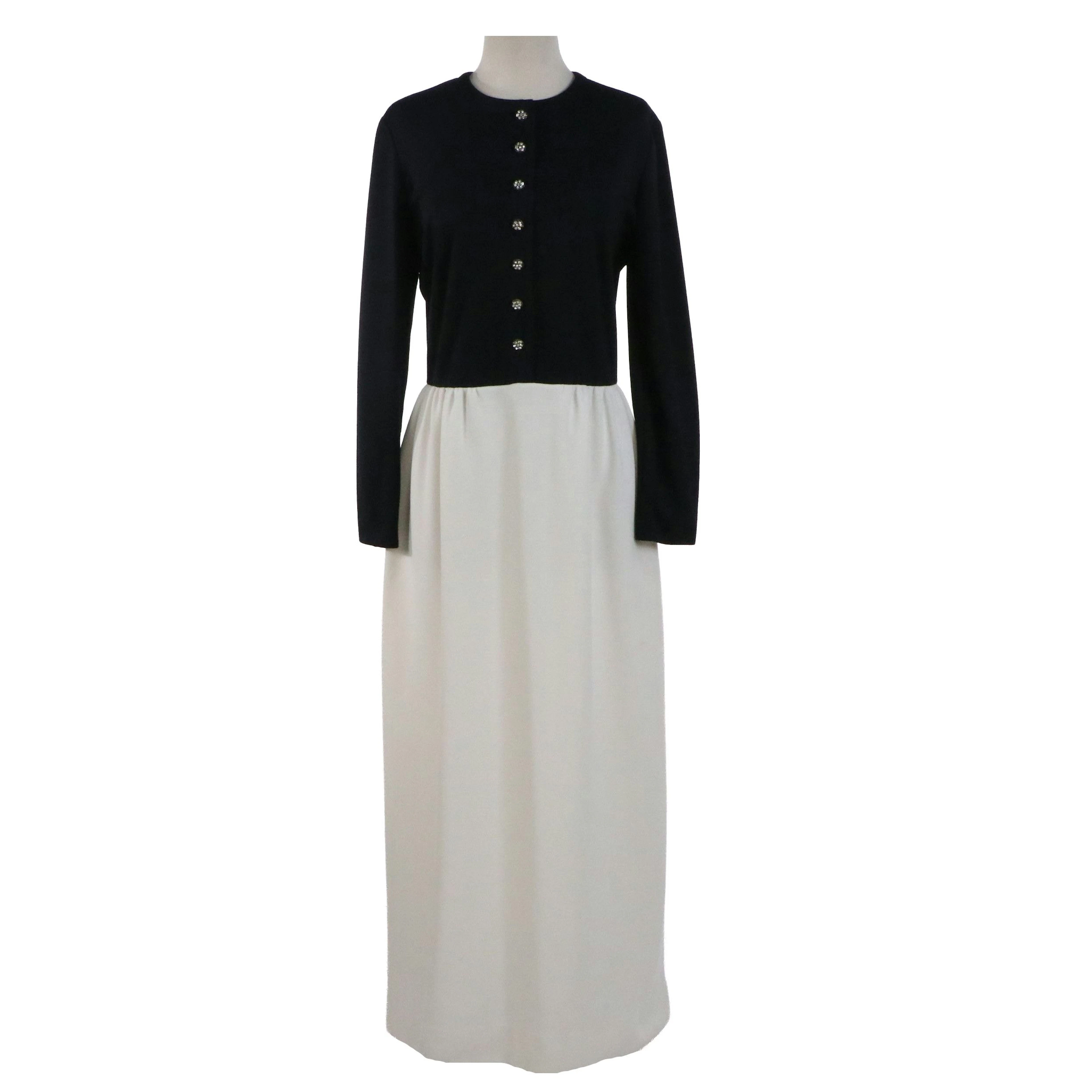 Leslie Fay Deep Blue and White Long Sleeve Dress with Rhinestone Buttons, 1970s