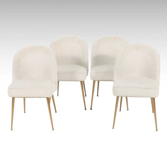 Set of Four Mid Century Modern Style Cream Bouclé Upholstered Dining Chairs