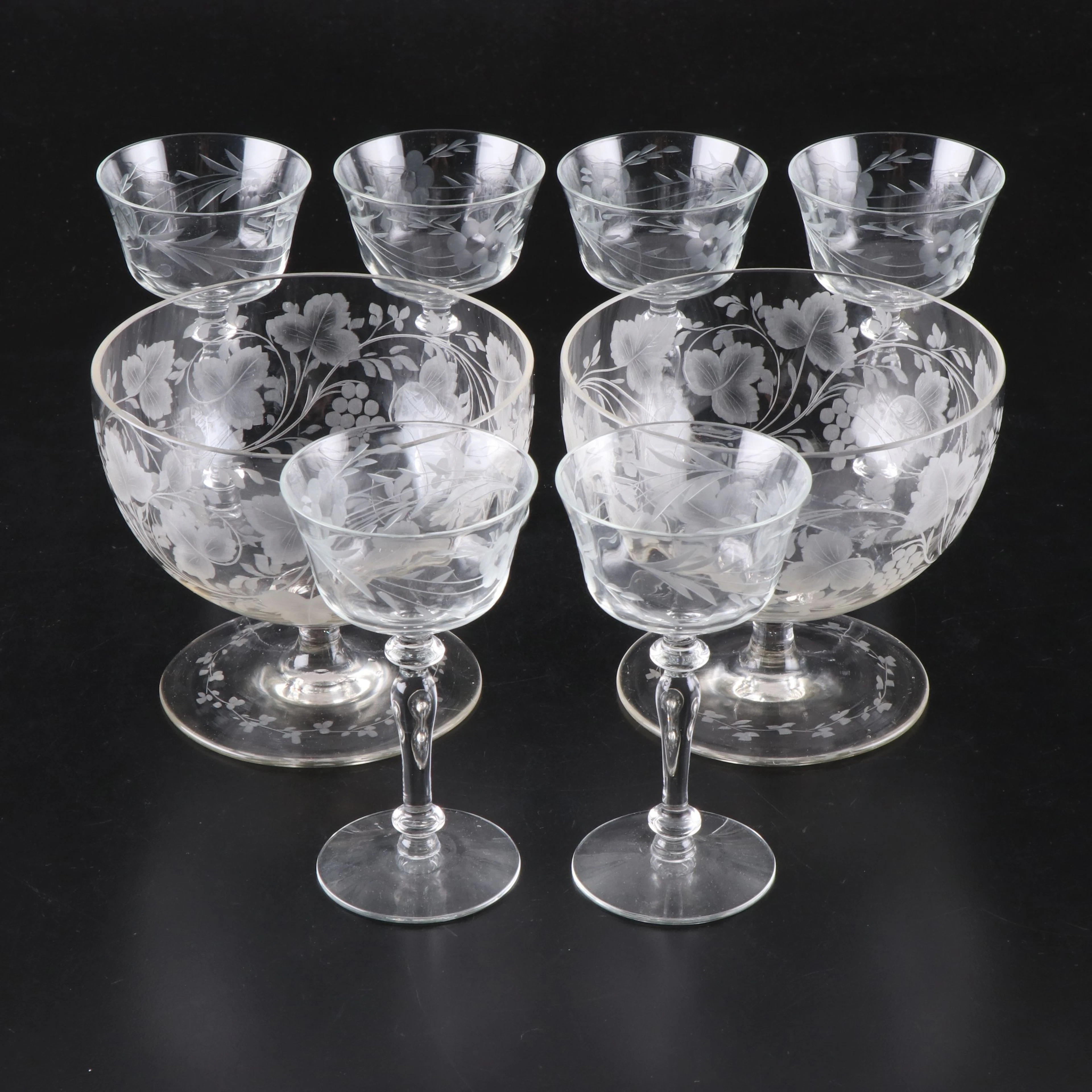Floral Wheel-Cut Liquor Cocktail Glasses and Footed Bowls
