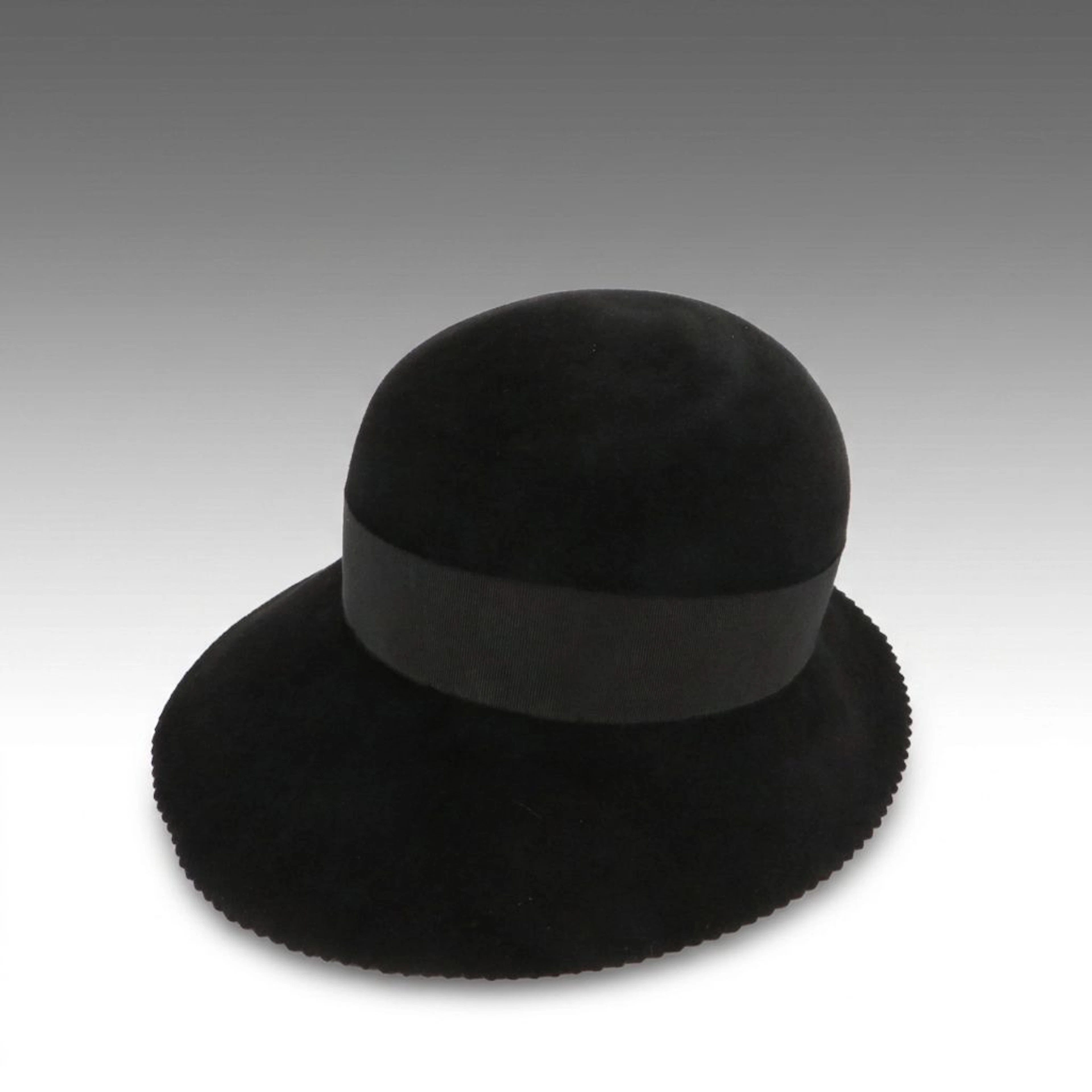 Vintage Chanel Asymmetrical Cloche Hat in Black Felted Wool with Ribbon Detail