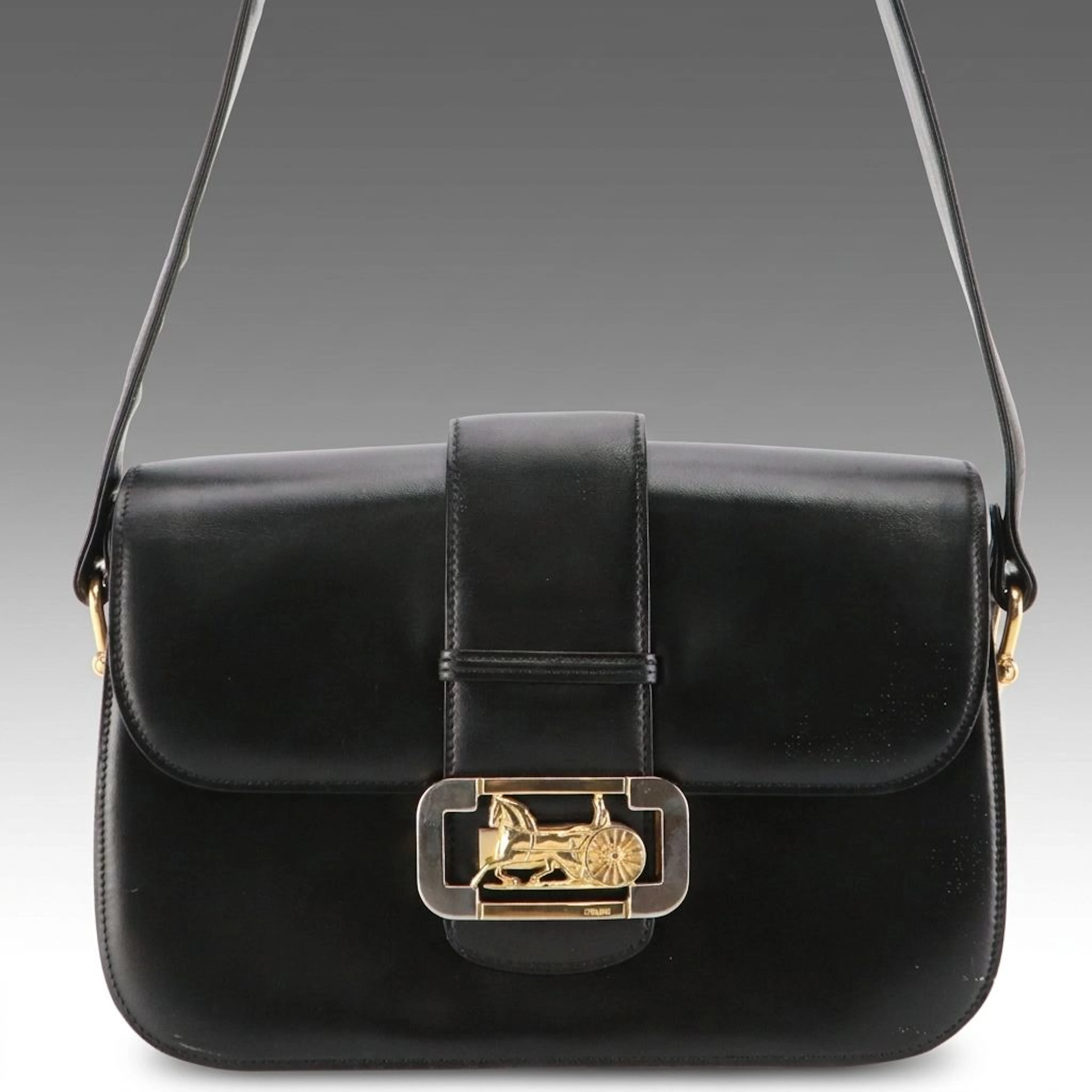 Celine Carriage Buckle Front Flap Shoulder Bag in Black Leather