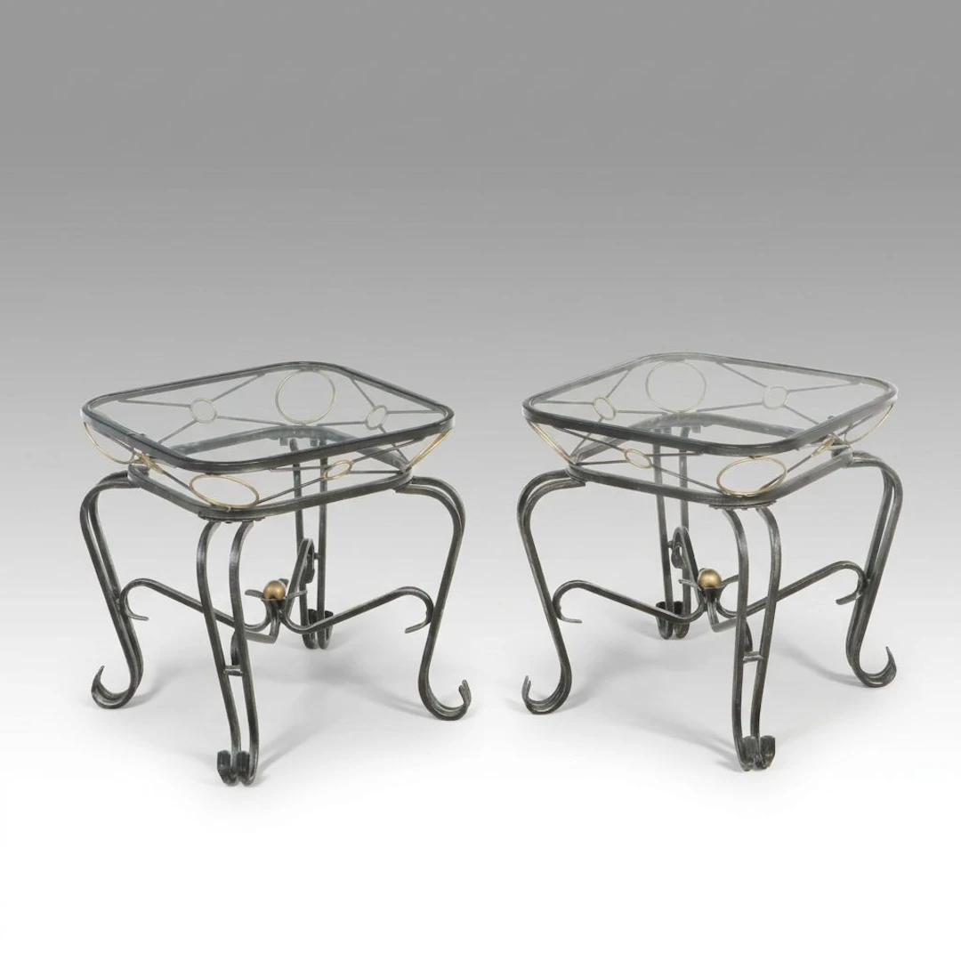 Pair of Scrolled Wrought Metal End Tables with Glass Tops