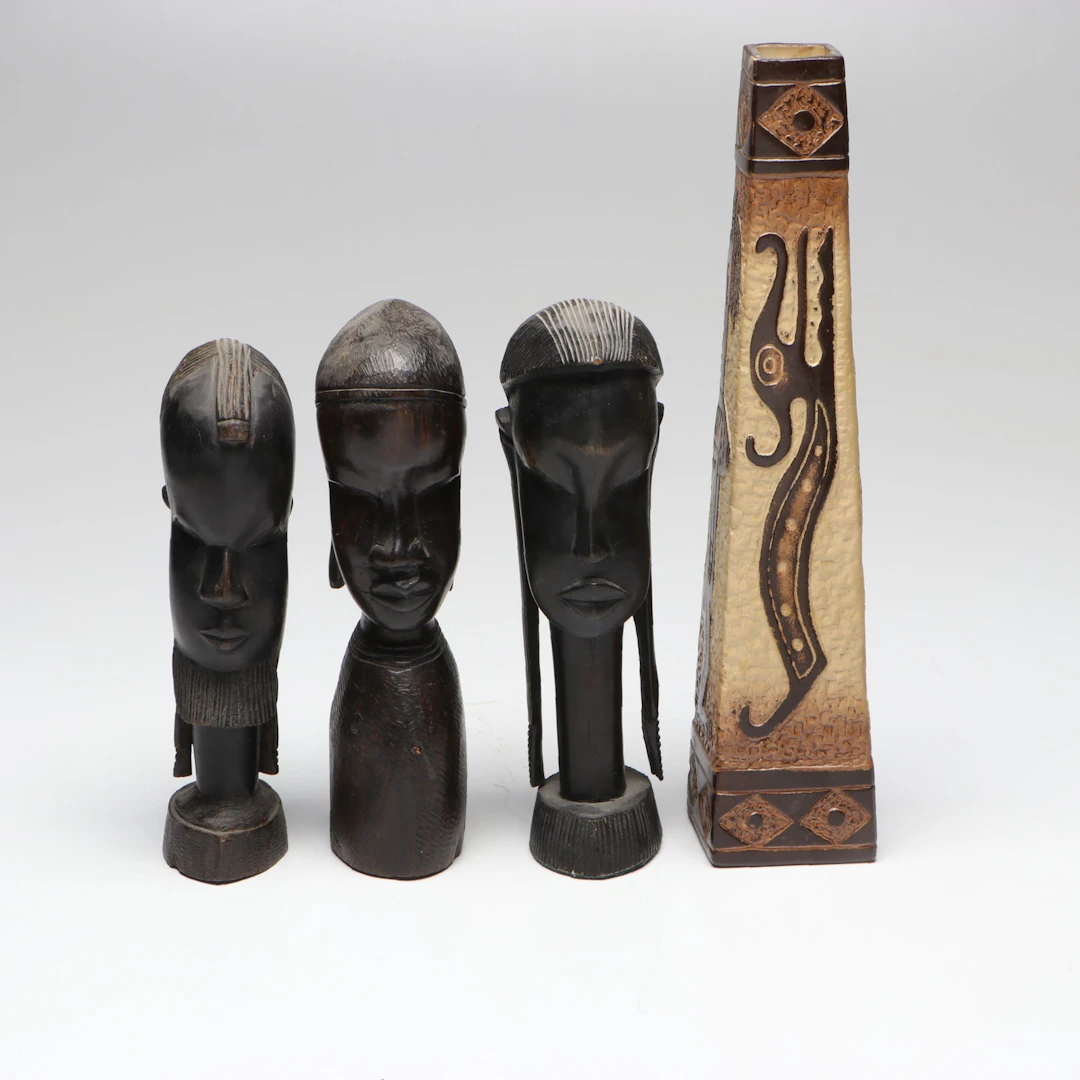 East African Wooden Tribal Art Heads with Vase