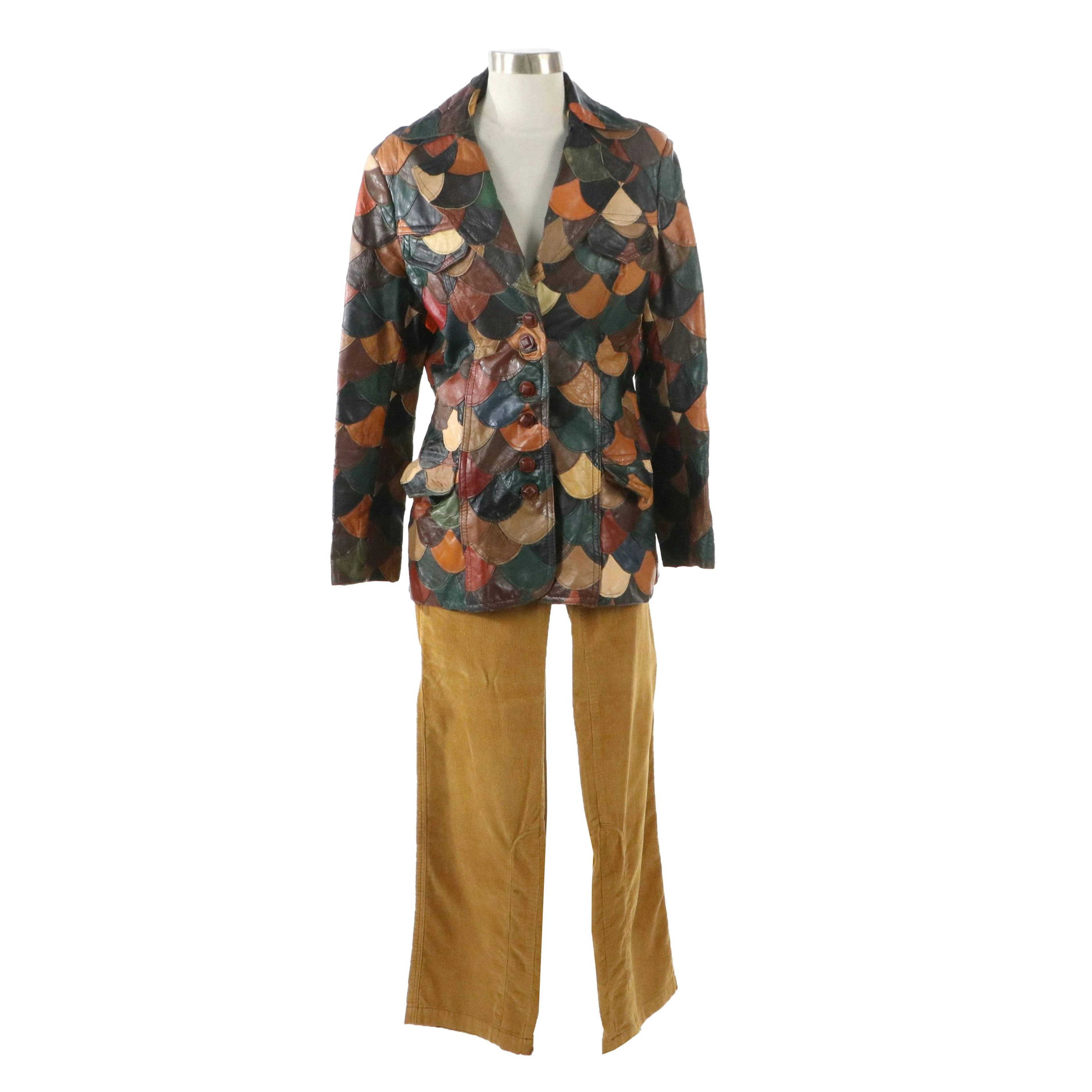Vintage Patchwork Scalloped Leather Jacket with Other Corduroy Pants