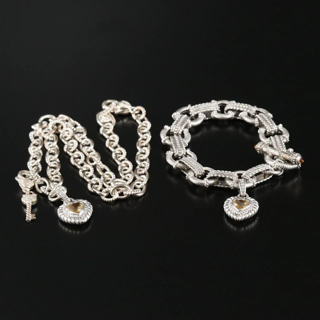 Judith Ripka Sterling Citrine and CZ Bracelet and Enhancer Pendant Necklace