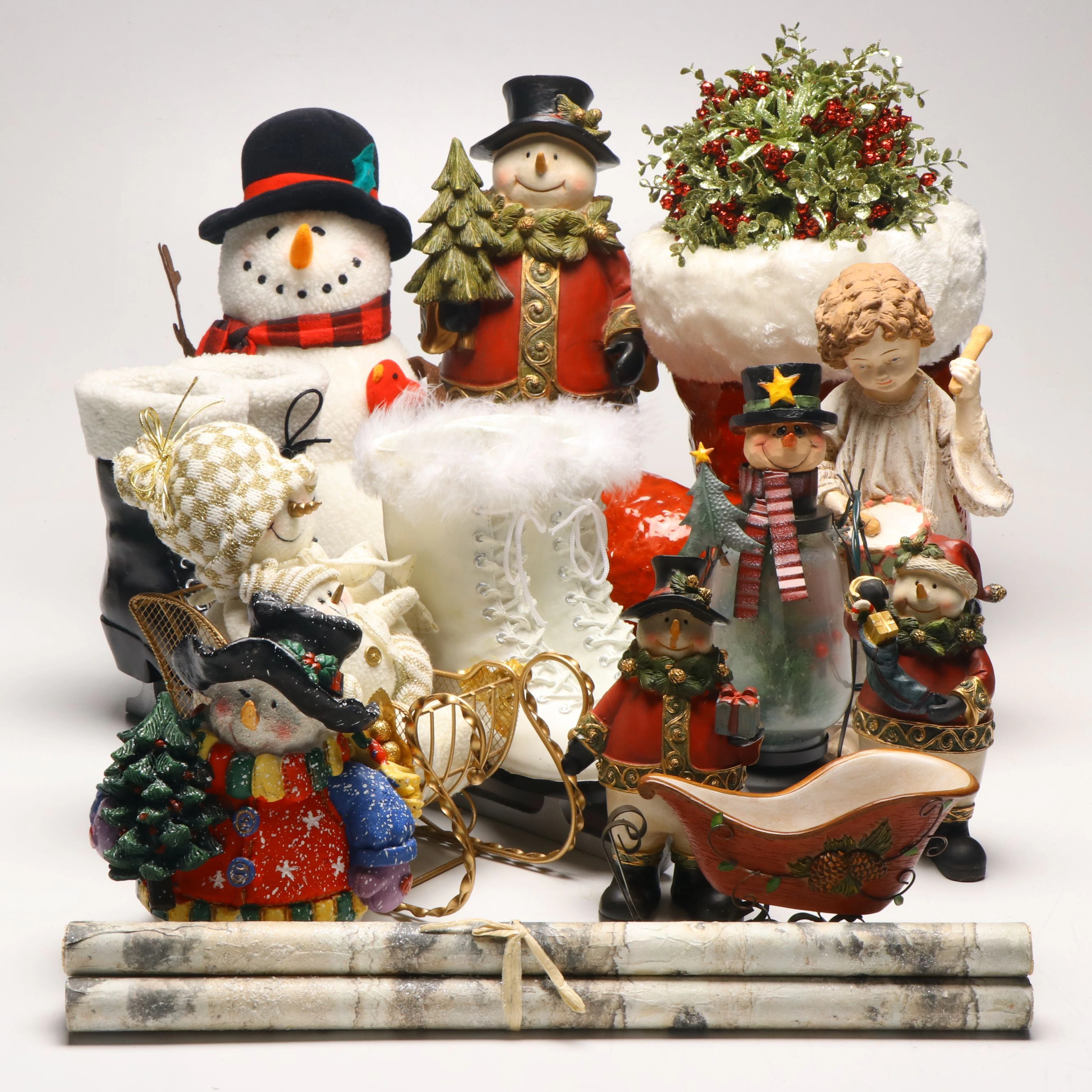 Christmas Fireplace and Table Décor Including Snowman Lantern and More