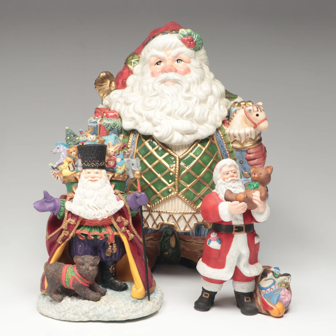 Fitz & Floyd "St. Nick" Ceramic Cookie Jar with Lenox Santa Figurines