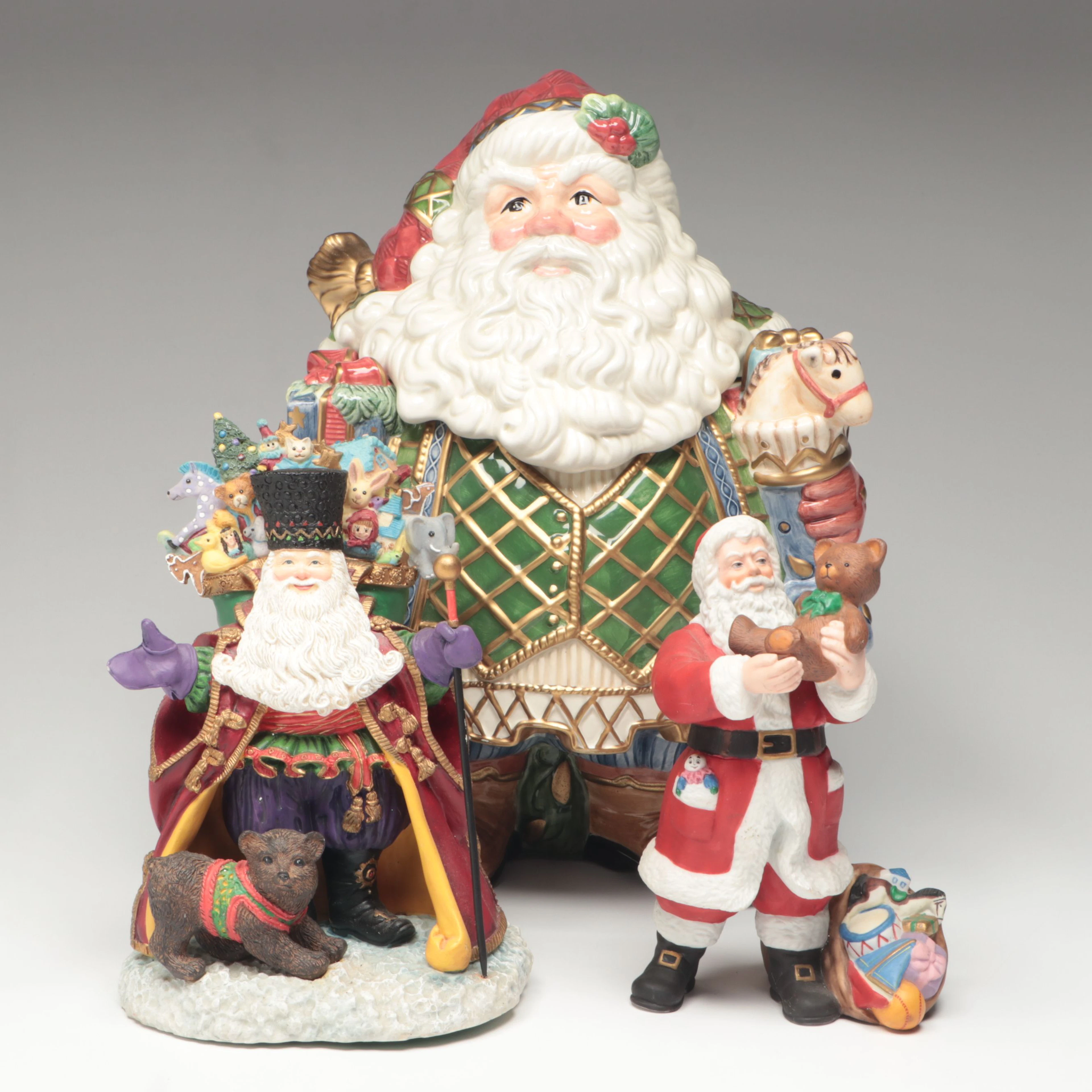 Fitz & Floyd "St. Nick" Ceramic Cookie Jar with Lenox Santa Figurines