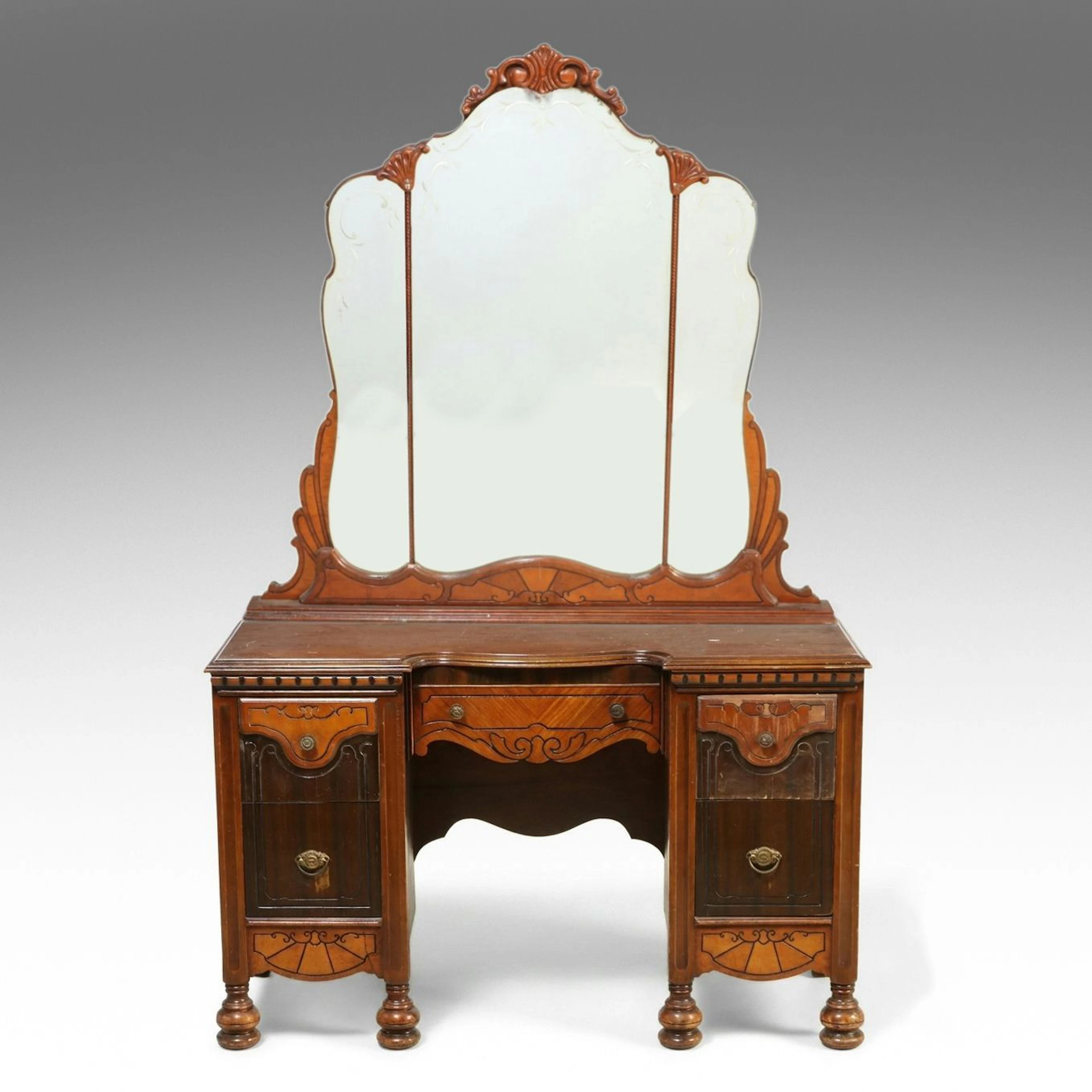 Renaissance Revival Style Walnut and Burl Vanity with Mirror, Early 20th C.
