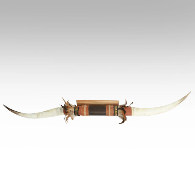 Pair of Longhorn Horns with Leather and Feather Plaque Mount