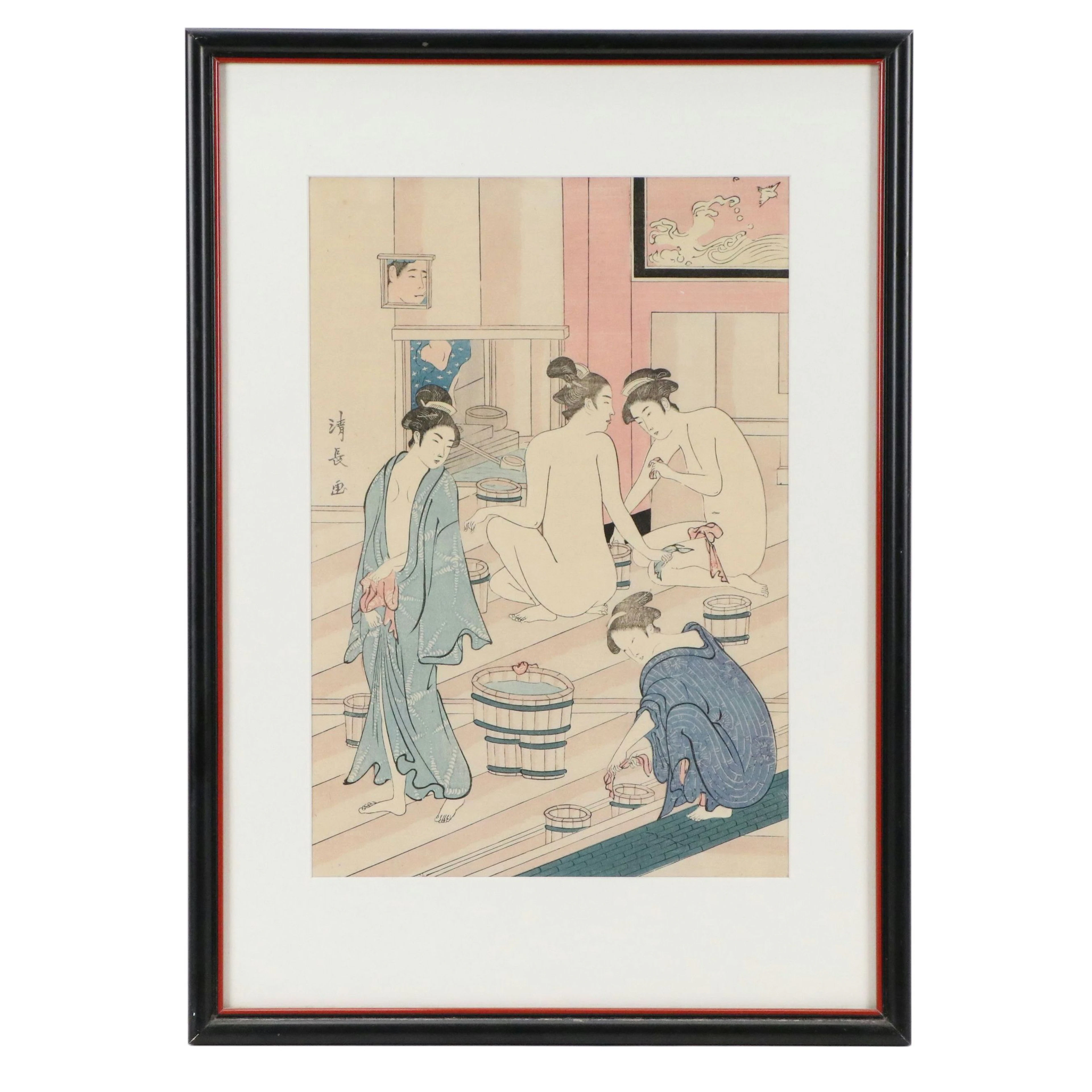 Antique Torii Kiyonaga Bijin-ga Ukiyo-e Woodblock "Bathhouse Women," 18th C.