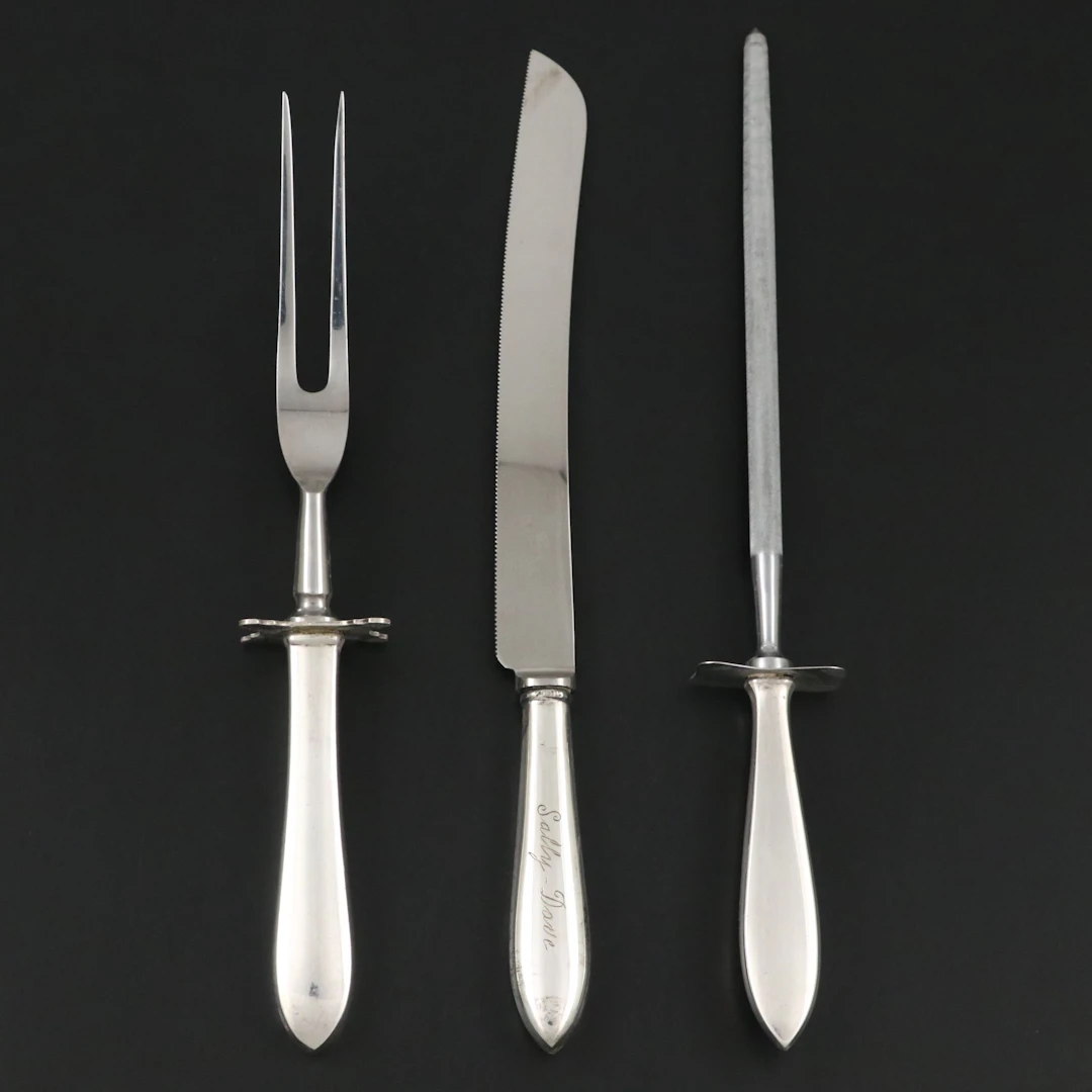 S. Kirk & Son Sterling Silver Handled Carving Fork, Raimond Knife and Sharpener
